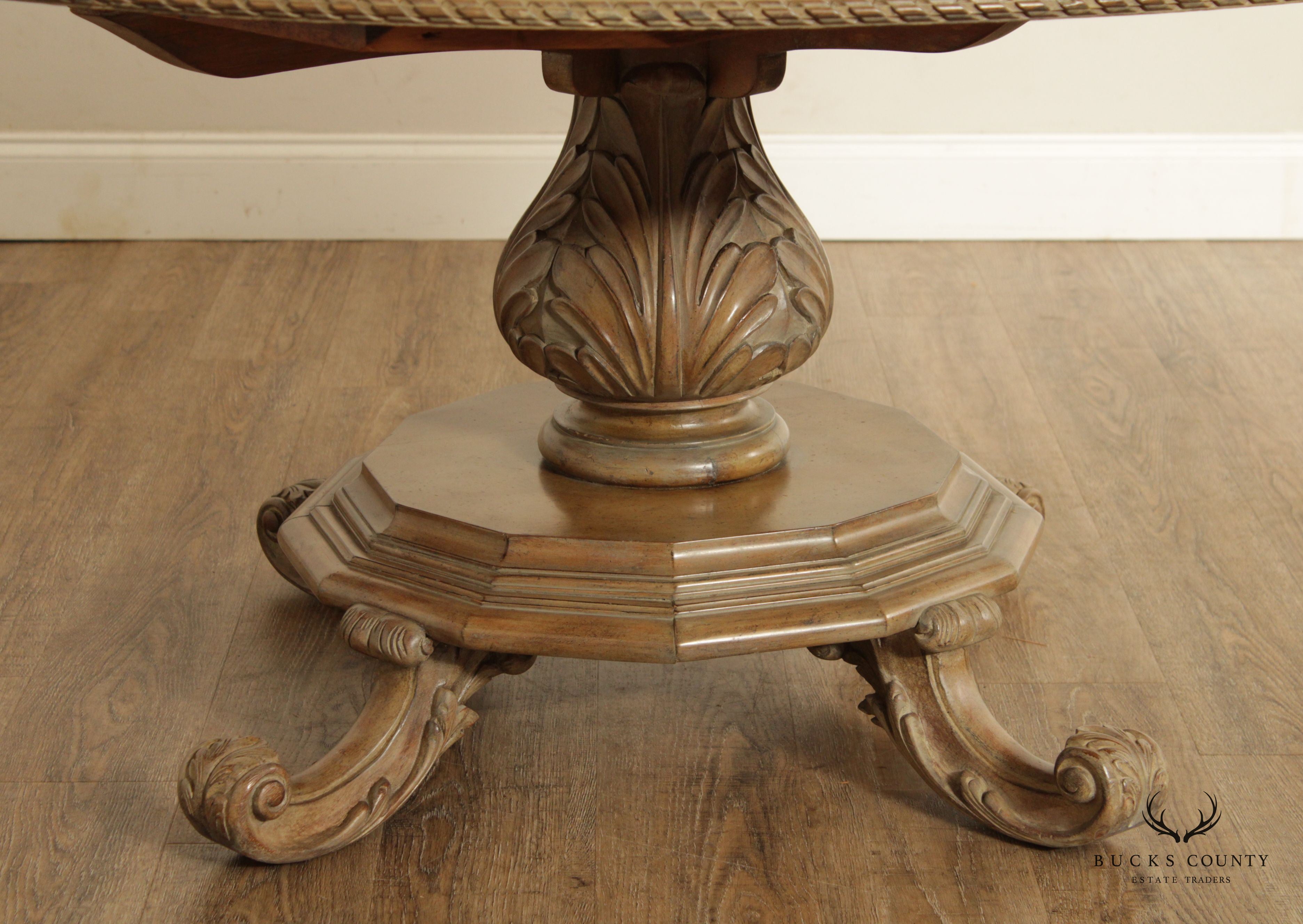 Rustic European Style Round Parquetry Top Pedestal Dining Table