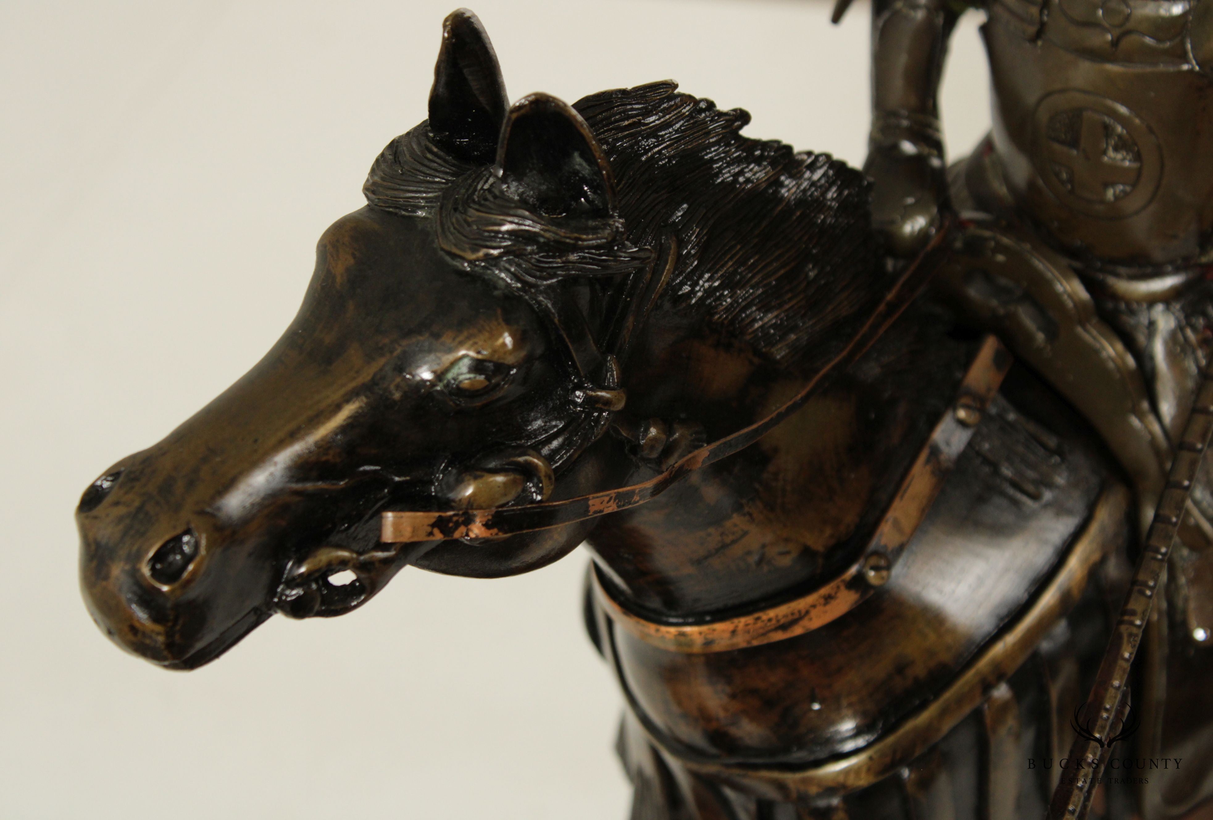 Antique Japanese Samurai Warrior on Horse Bronze Sculpture