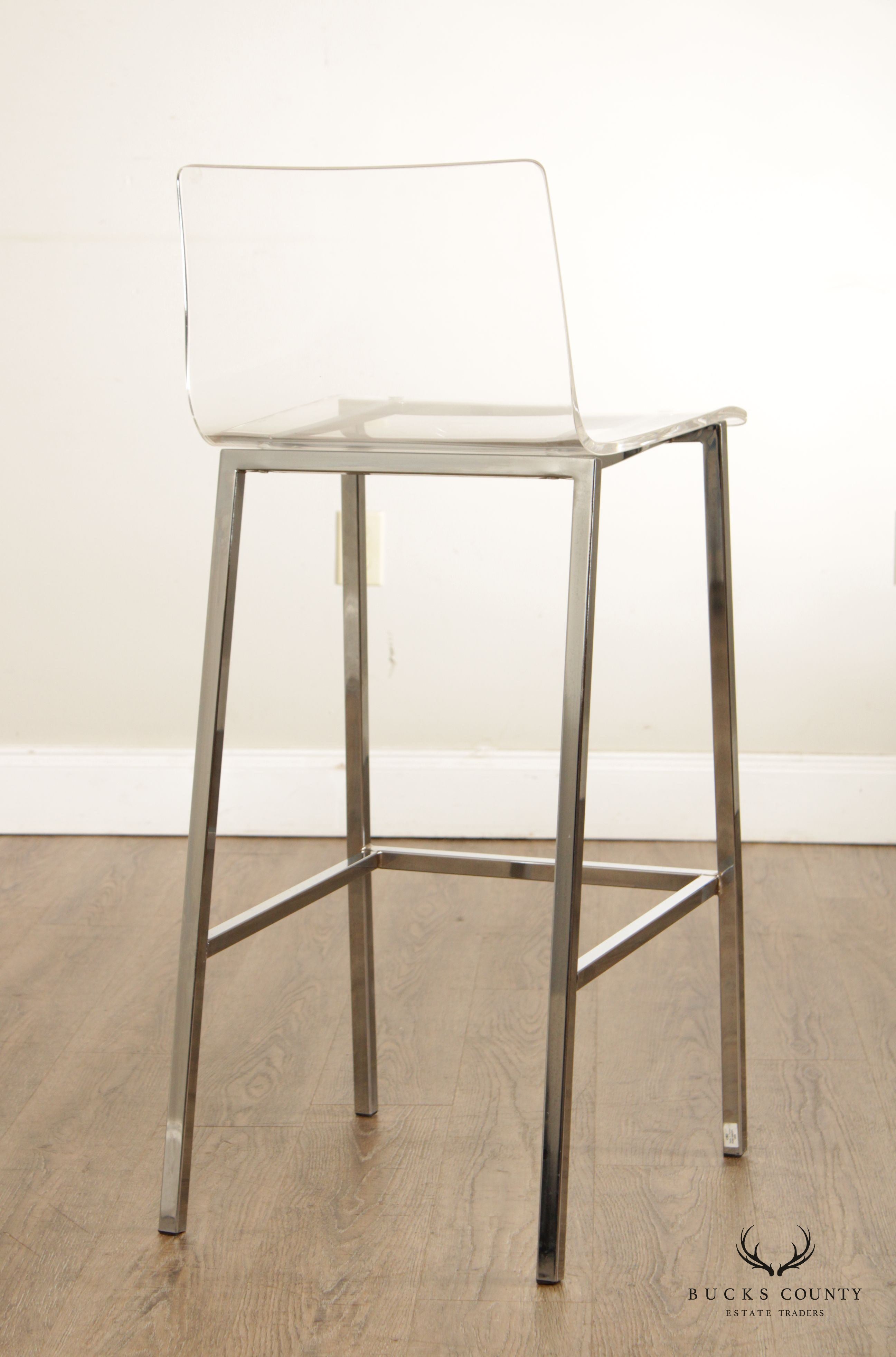 CB2 Post Modern Pair of Chrome and Acrylic 'Chiaro' Bar Stools