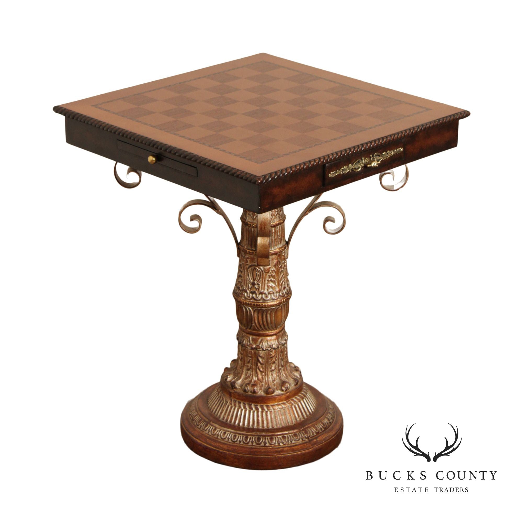 Neoclassical Style Carved Gilt Pedestal Base Chess Game Table