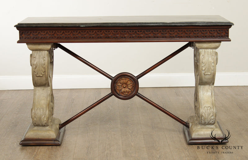 Neoclassical Style Tessellated Marble Top X-Base Console Table (A)