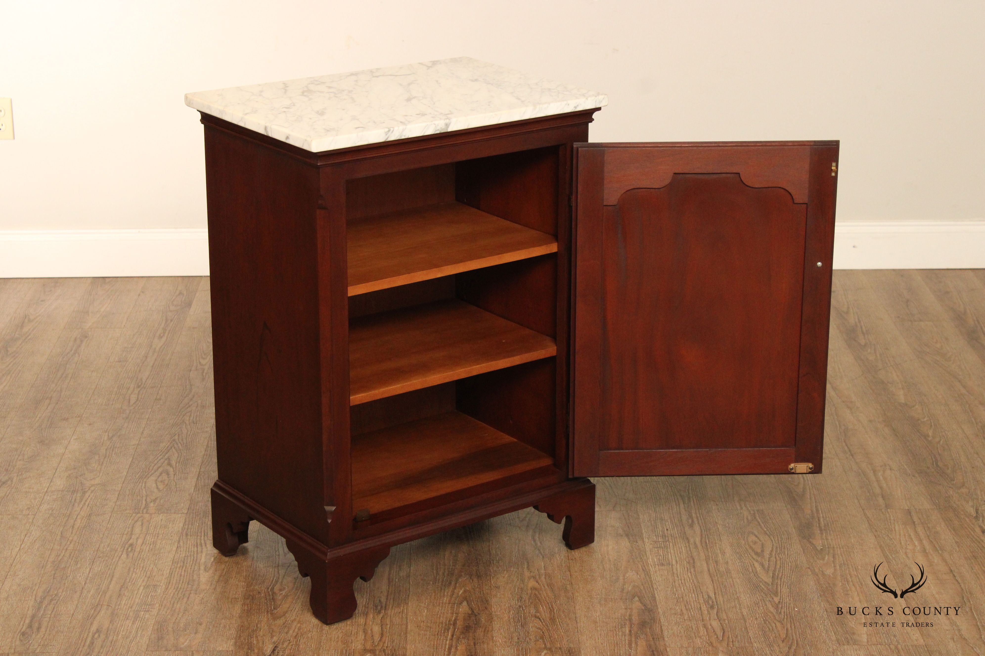 Vintage Pair Mahogany Marble Top Cabinet Nightstands