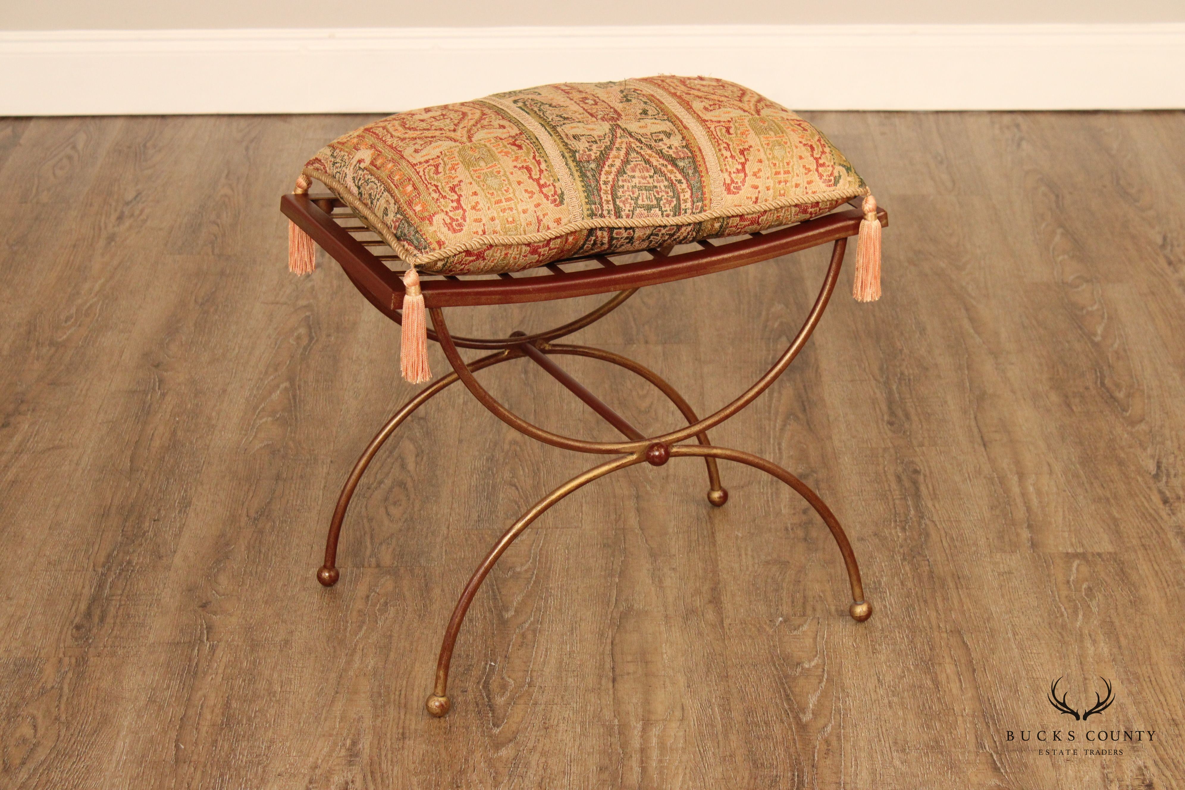 Hollywood Regency Style Gilt Iron Curule Bench