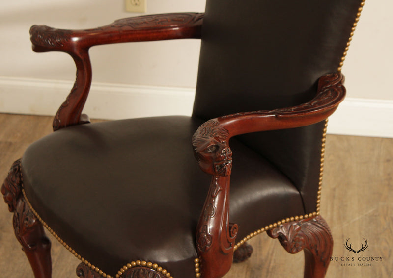 Maitland Smith Georgian Style Lion-Carved Leather Armchair