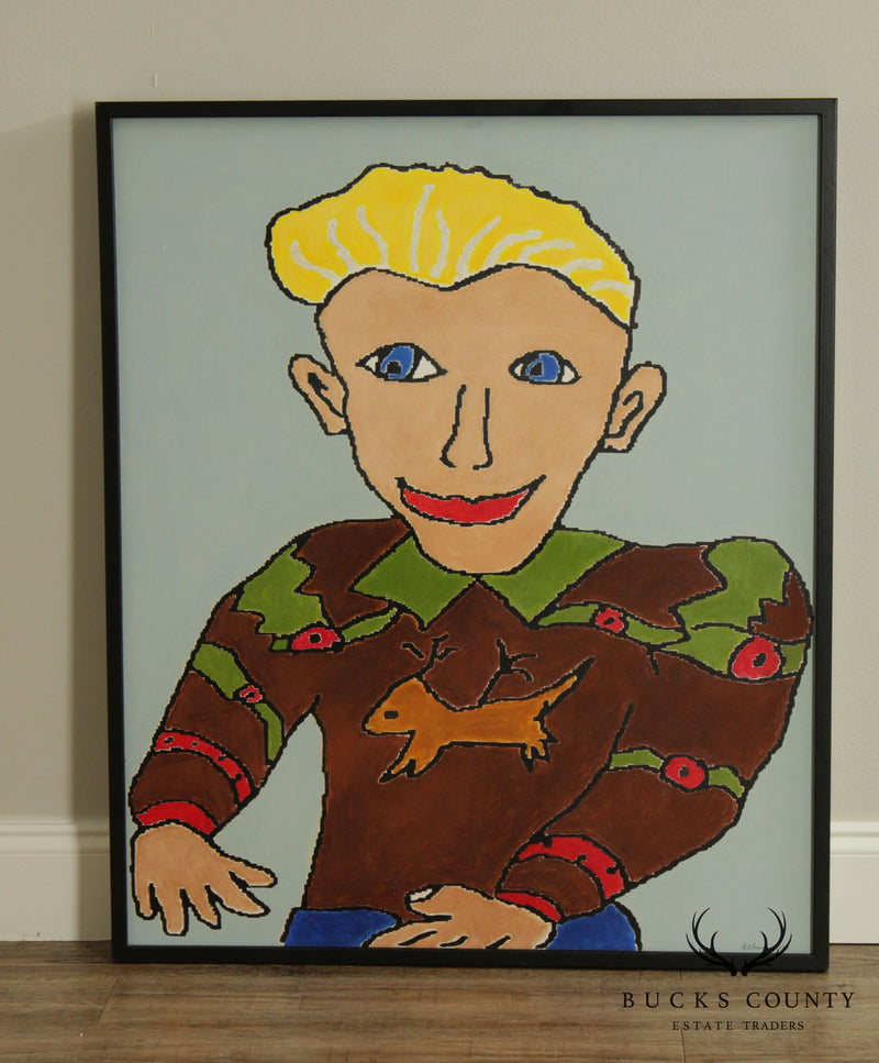 Anne E. BourassaAnne E. Bourassa Original Oil Painting on Canvas Portrait Blonde Man, Christmas Sweater