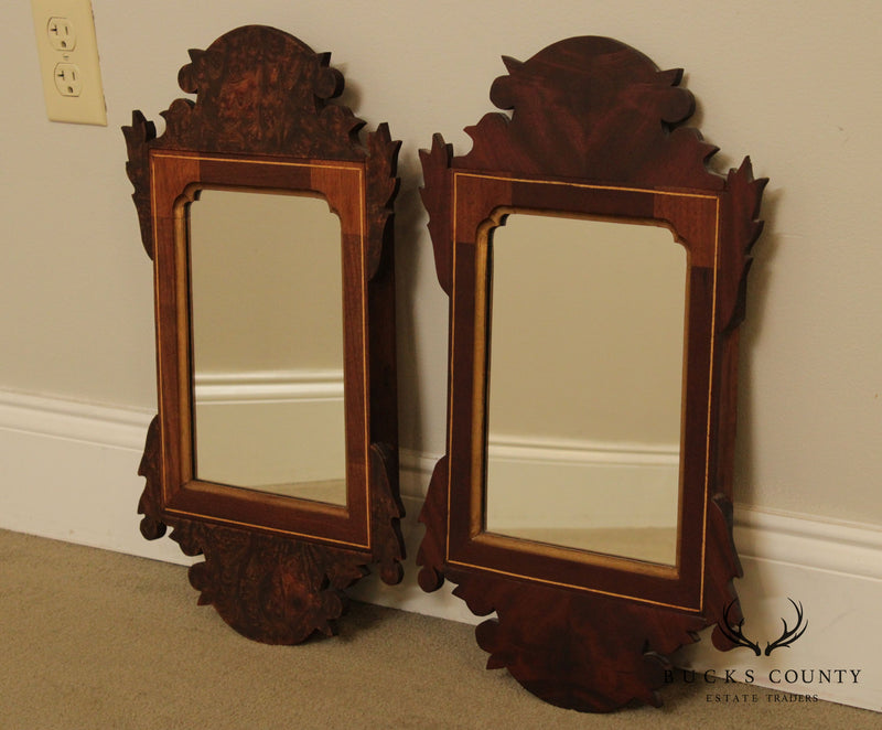 Chippendale Style Hand Crafted Mahogany & Burl Wood Pair Small Mirrors