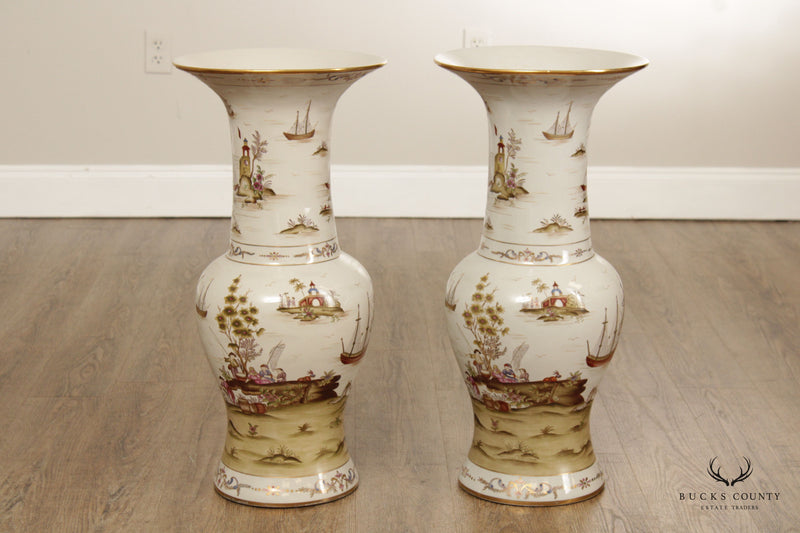 VINTAGE PAIR OF CHINESE PORCELAIN VASES WITH BRASS BASES
