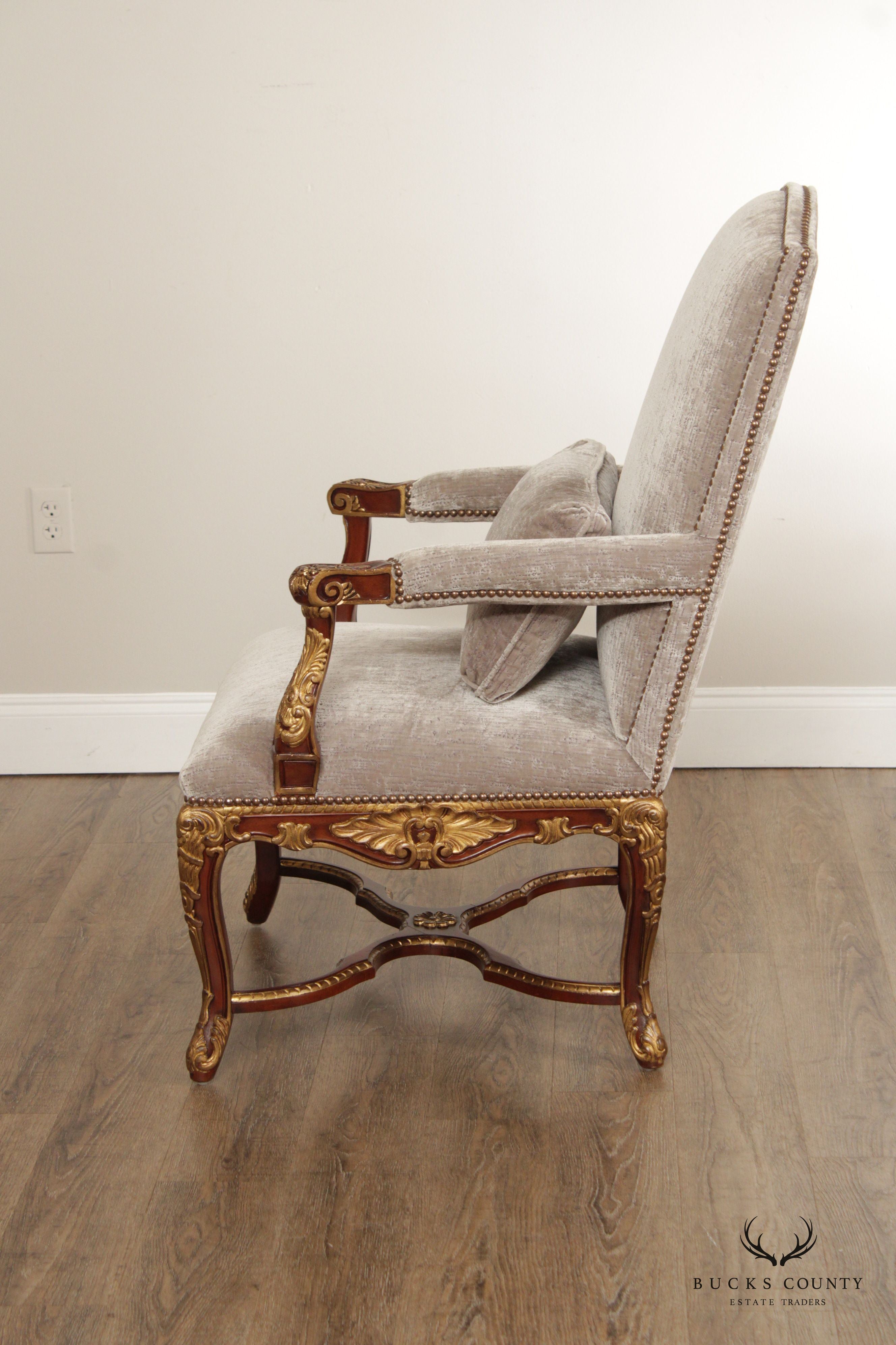 EJ VICTOR FRENCH REGENCE STYLE GILT CARVED ARMCHAIR