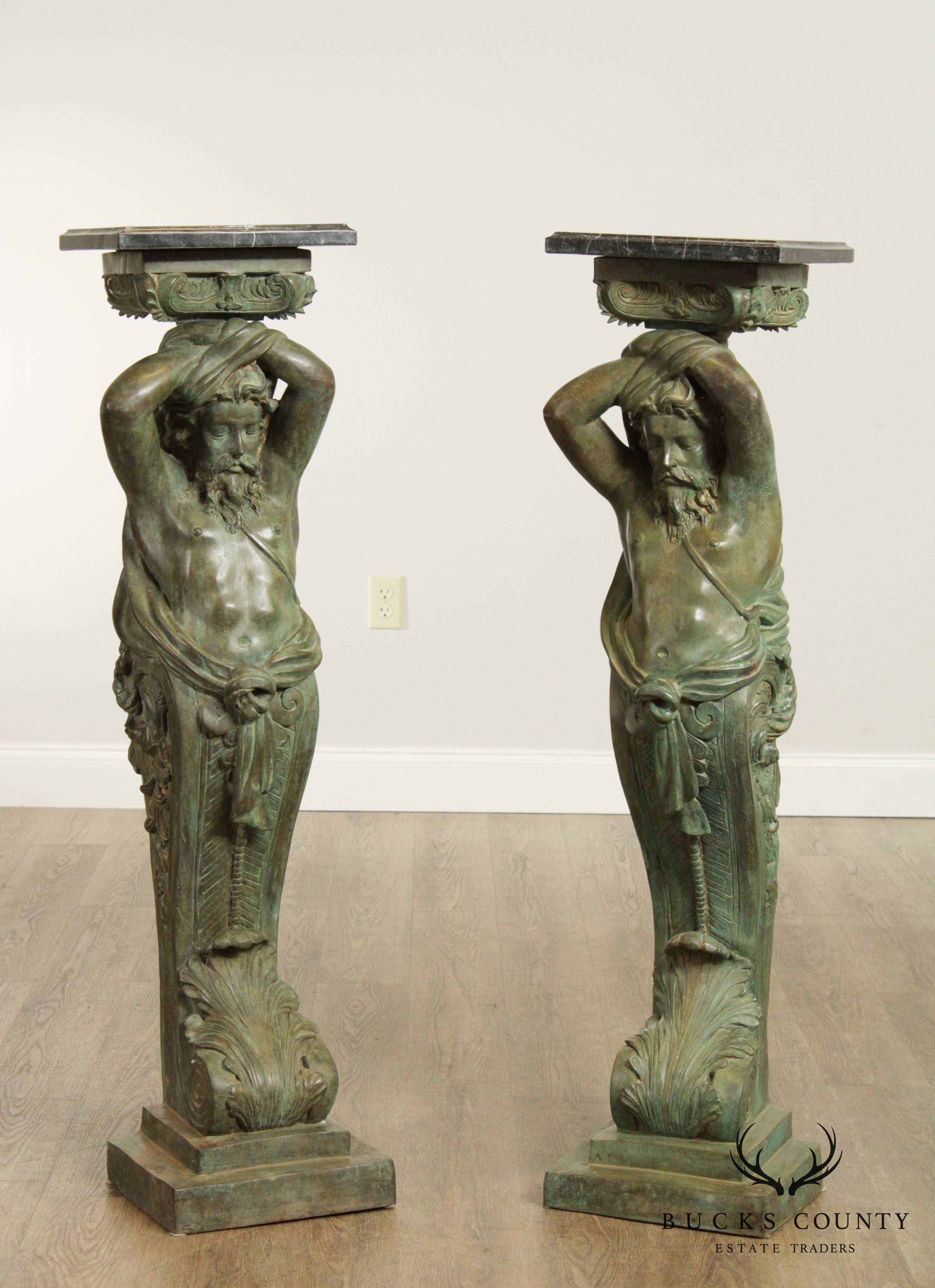 Bronze Marble Top Pair "Telamon" Greek God Statues, 48" Pedestals