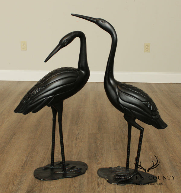 Quality Vintage Black Cast Aluminum Pair Standing Garden Cranes, Statues