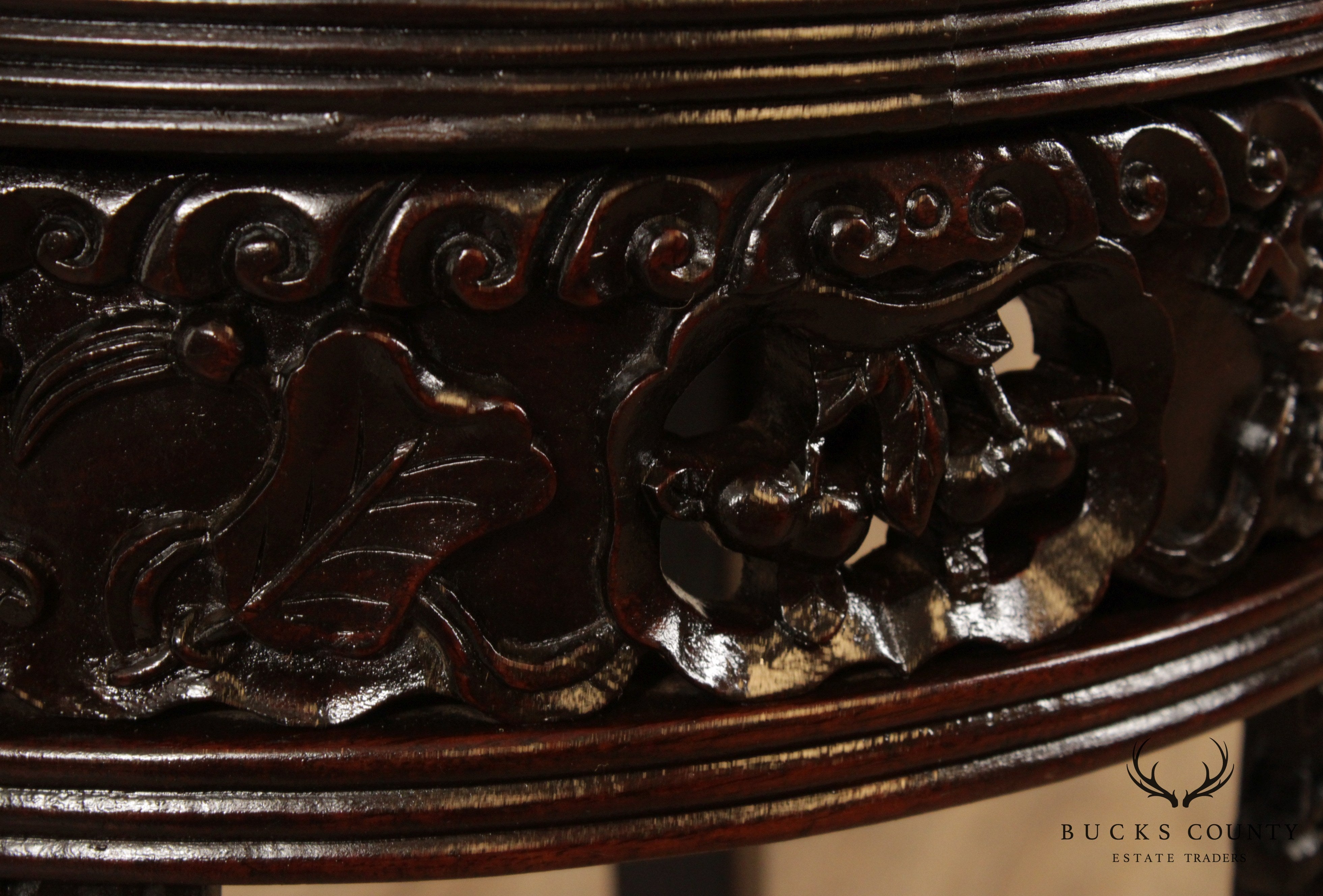 Vintage Carved Asian Round Marble Top Side Table