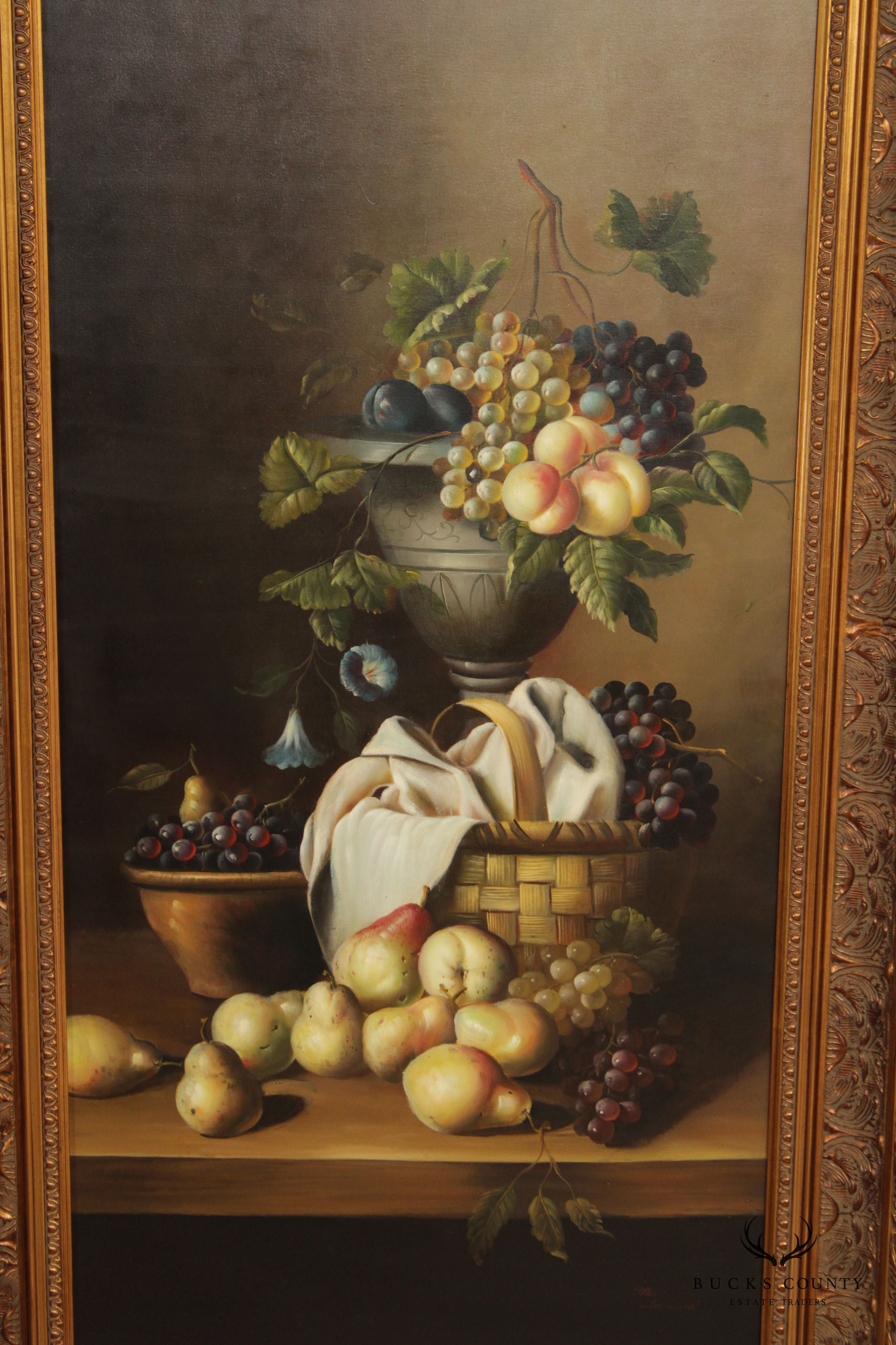 Vintage 20th C. Fruit Still Life Large Oil Painting, Custom Framed