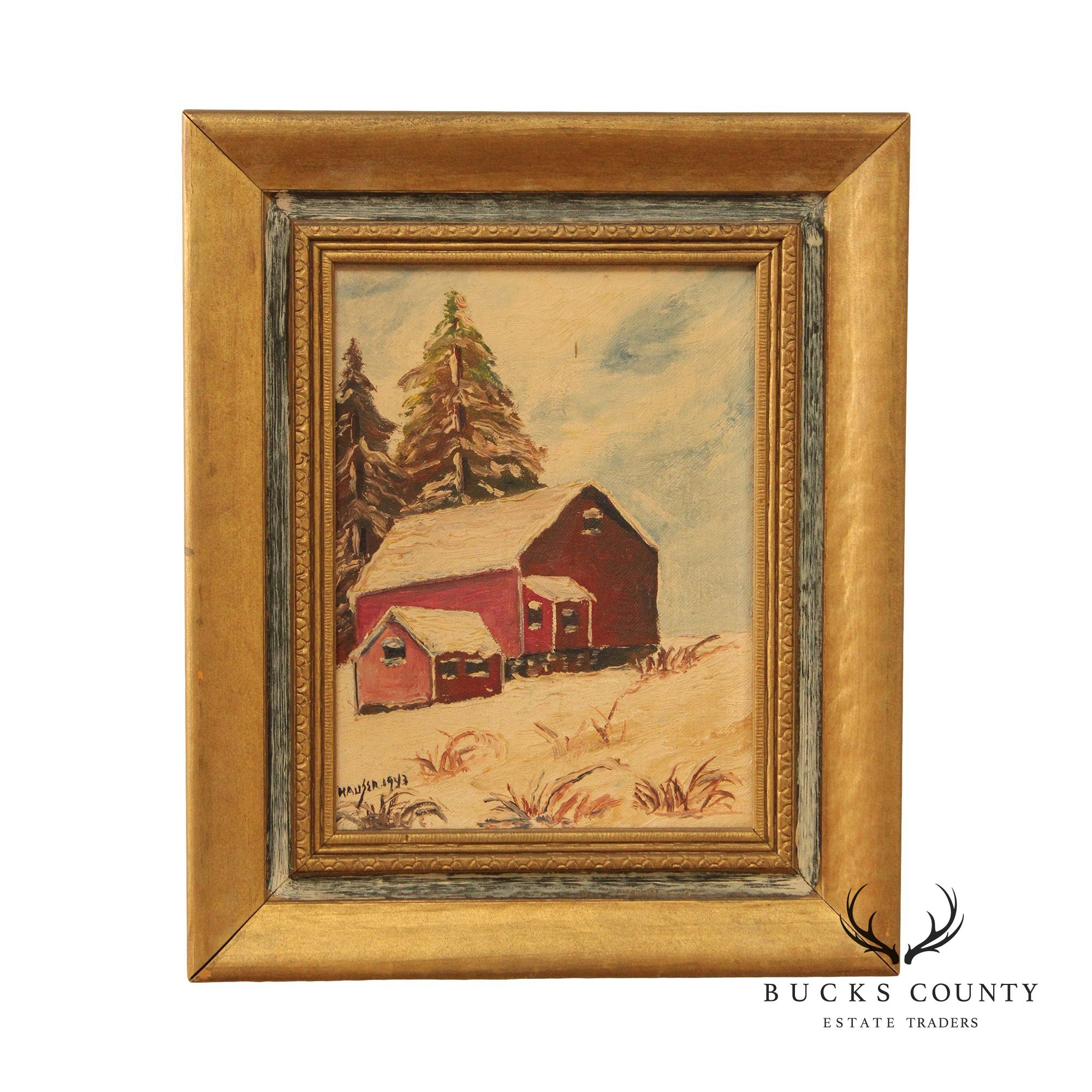 Vintage 1940s Barn Original Oil Painting, Custom Framed