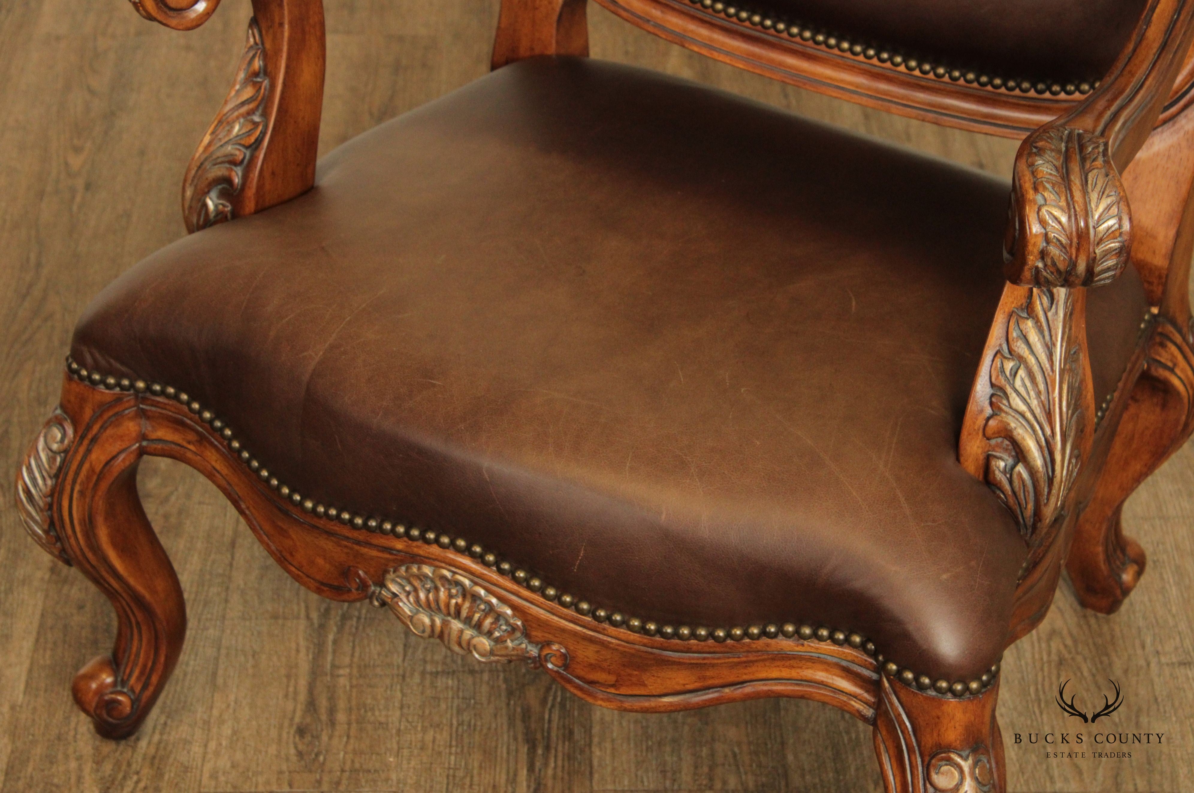 French Provincial Style Pair of Shell-Carved Leather Armchairs and Ottomans