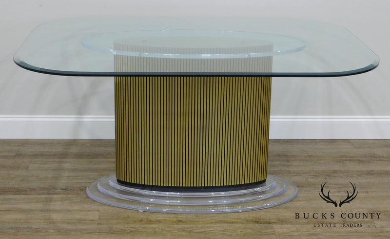 Mid Century Modern Lucite and Gold pedestal Base Glass Top Dining Table