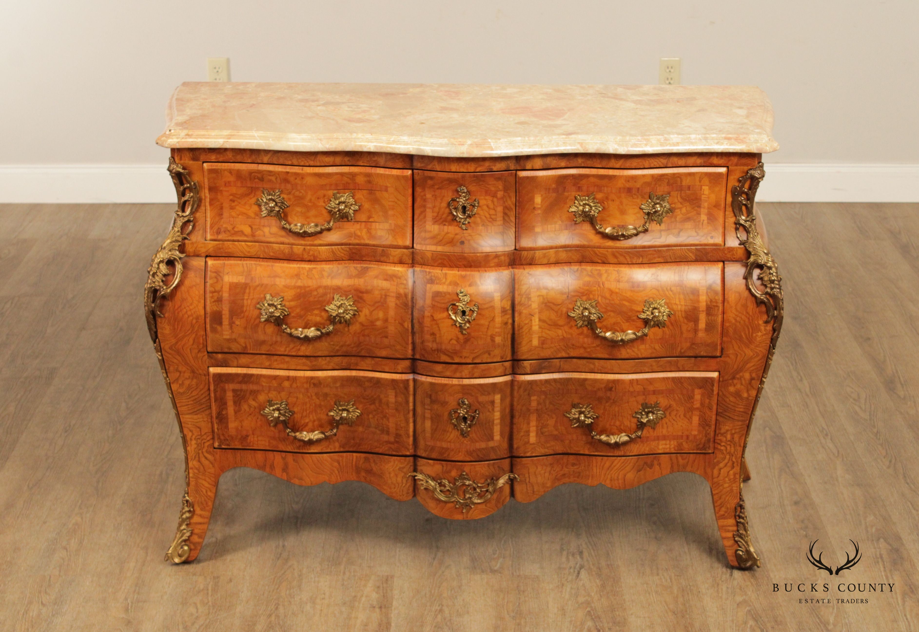 Lewis Mittman Italian Louis XV Style Marble Top Burlwood Bombe Chest