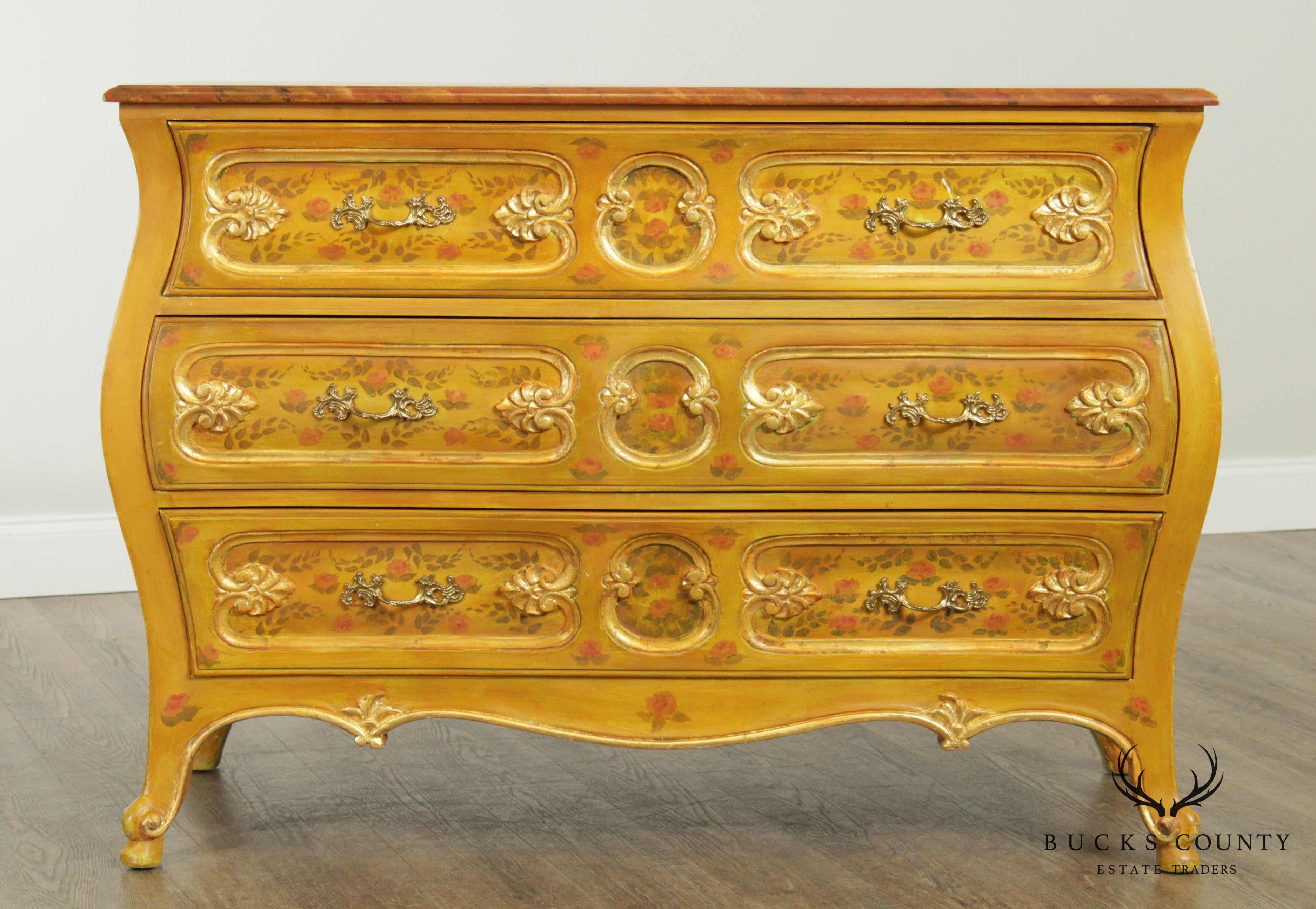 French Louis XV Style Vintage Hand Painted Bombe Commode Chest