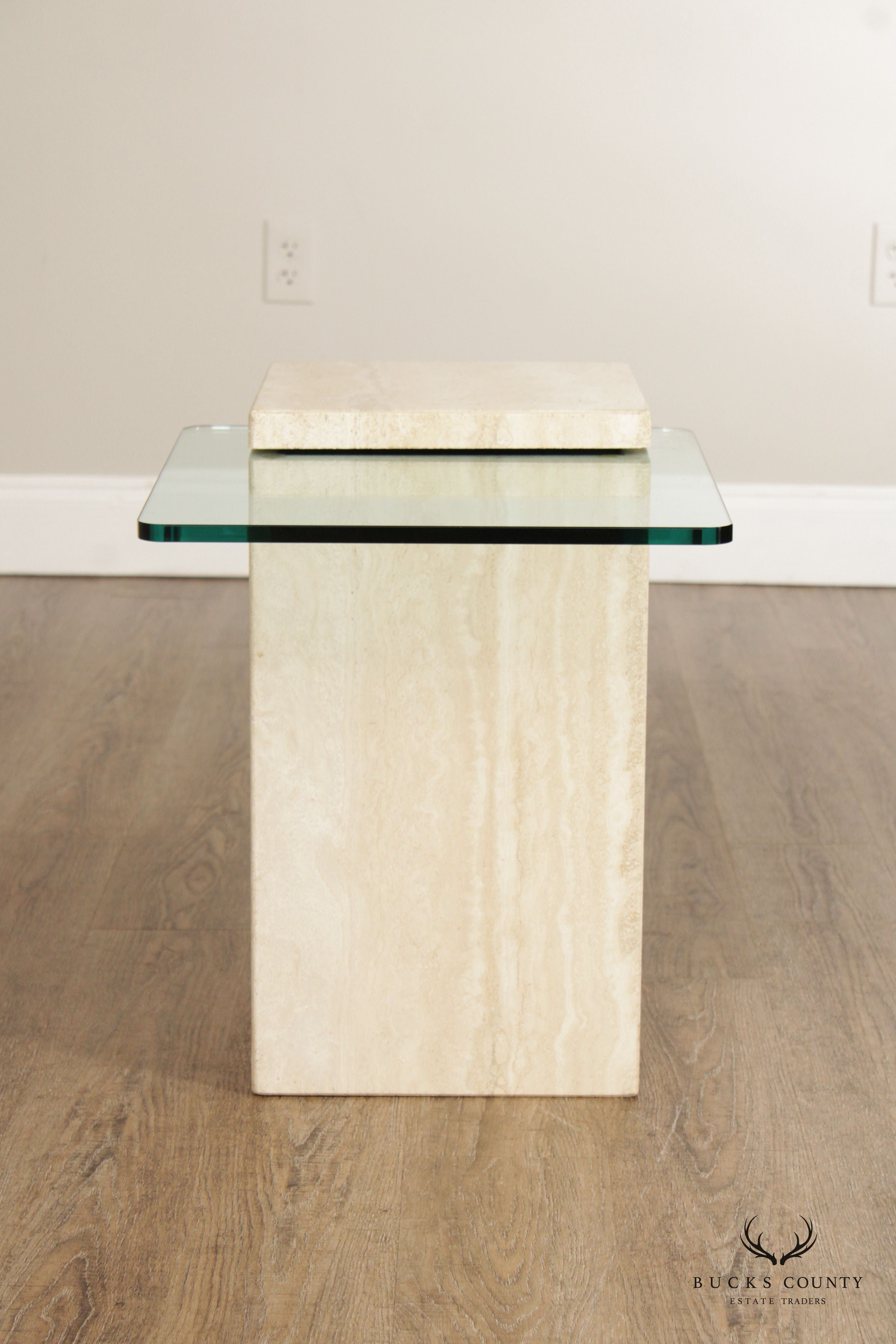 Post Modern Cantilevered Glass and Travertine Side Table