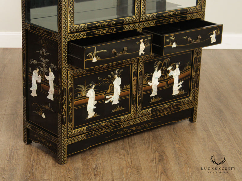 Chinese Pair Black Lacquered Illuminated Curio Display Cabinets