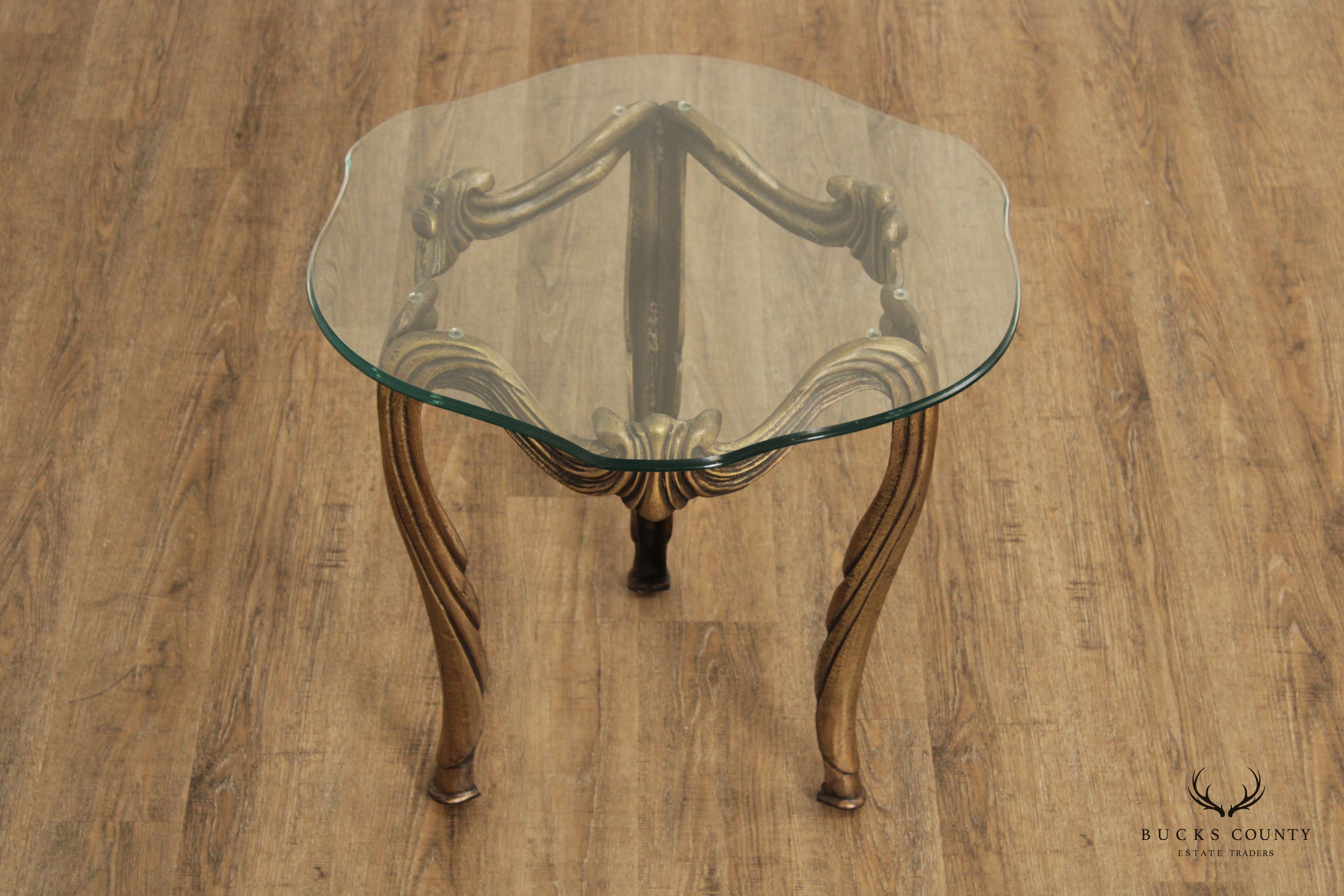 Hollywood Regency Pair of Gilt Metal and Glass Side Tables