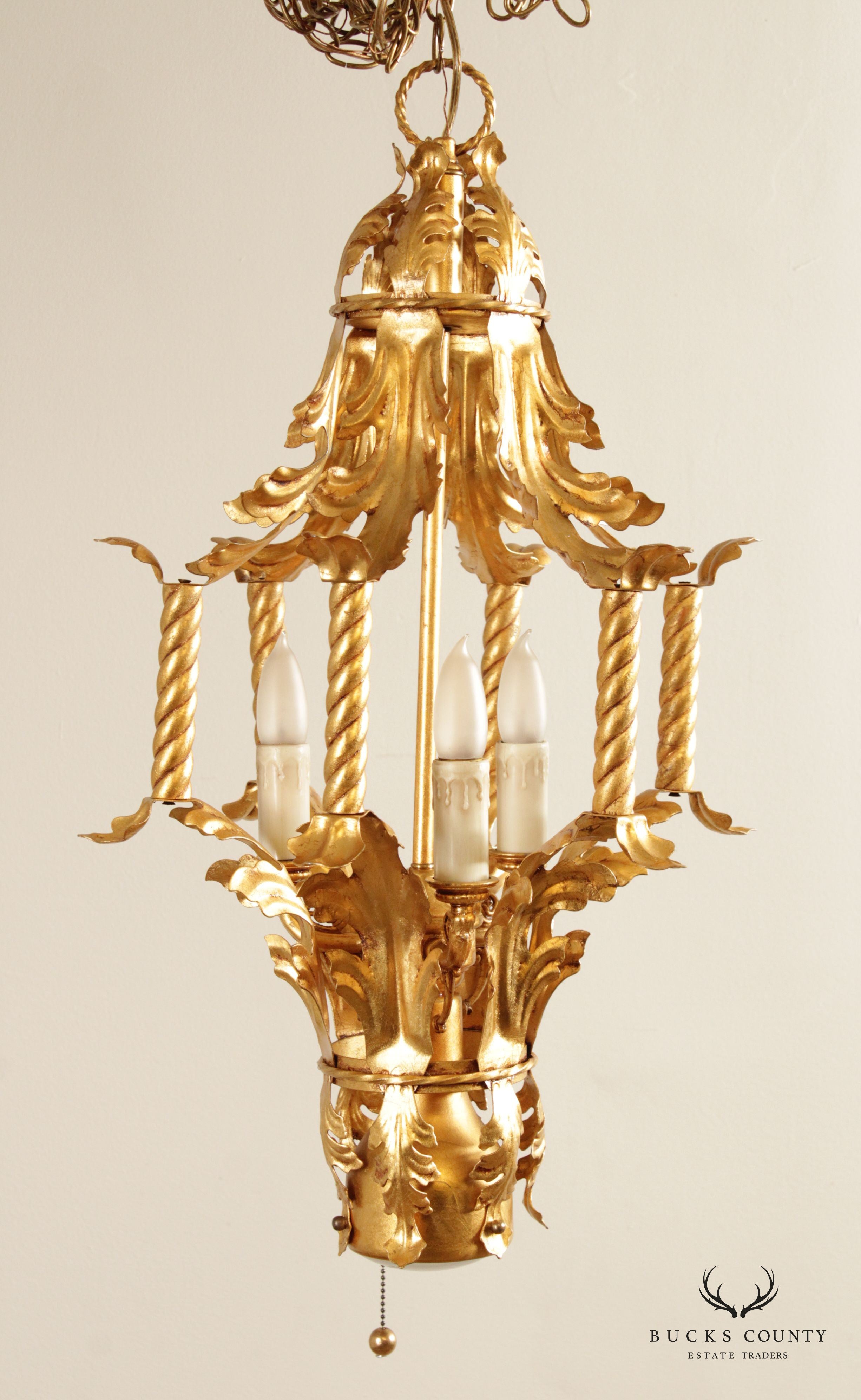 Italian Hollywood Regency Gilt Tole Lantern Chandelier