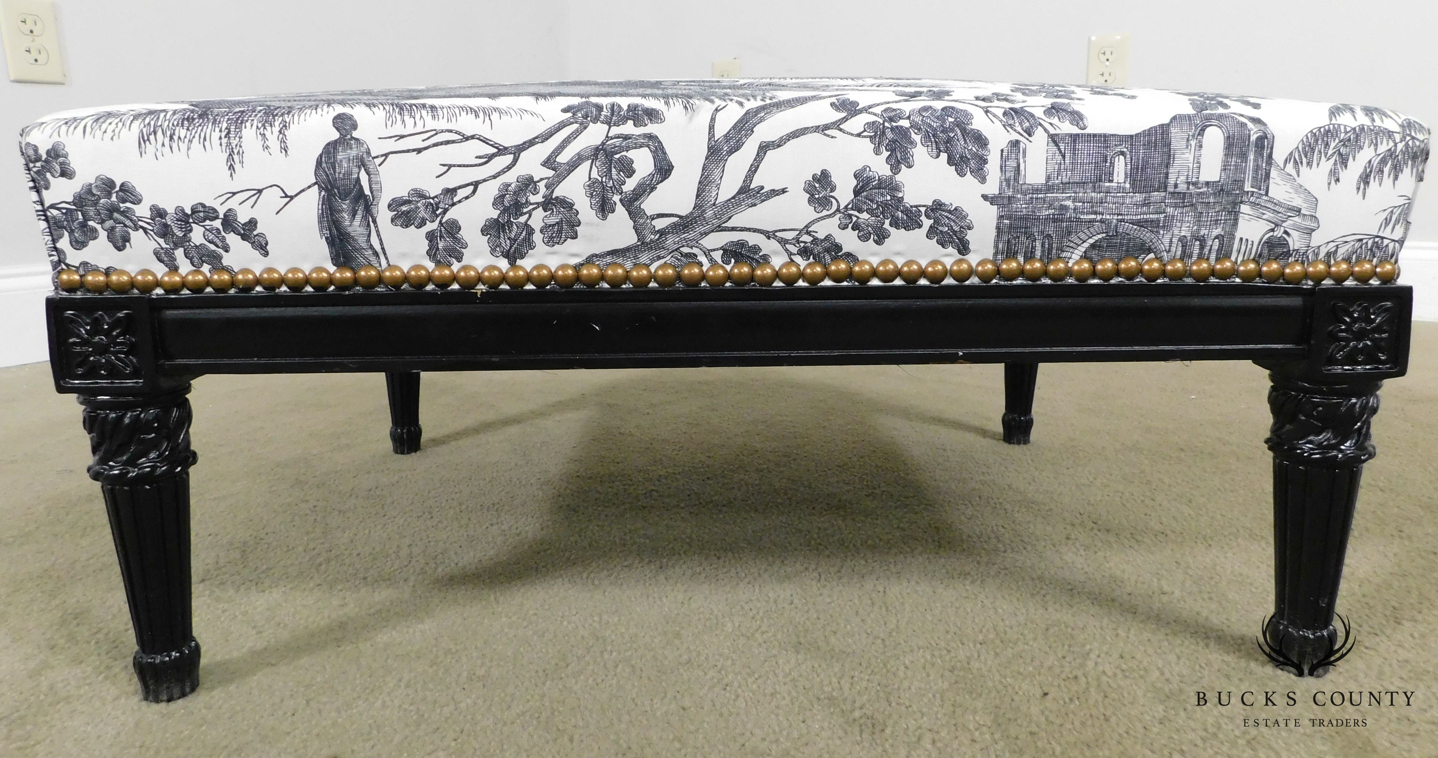 French Louis XVI Custom Black Ebonized Footstool, Toile Upholstery