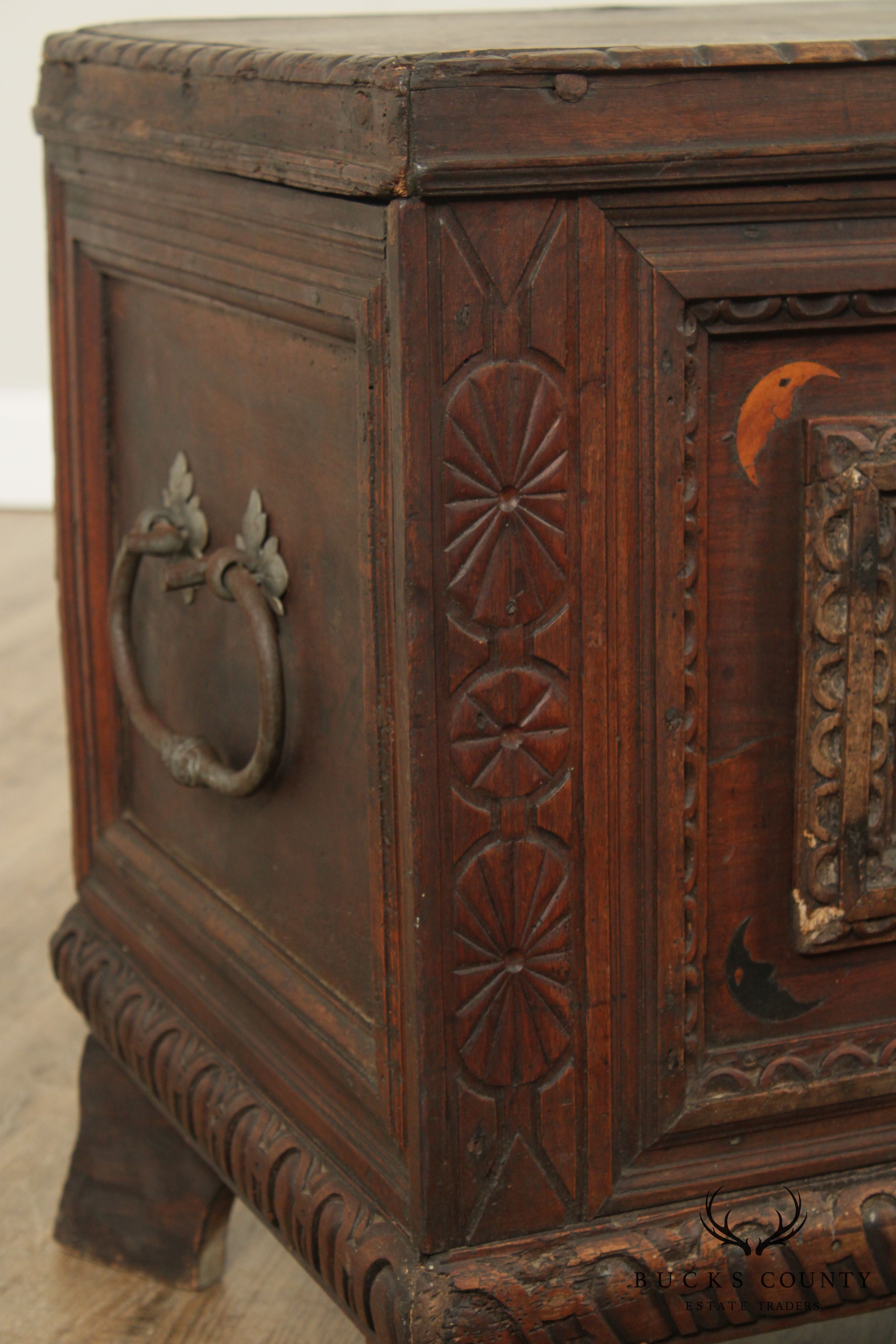 Antique Italian Renaissance Walnut Inlaid Cassone Chest