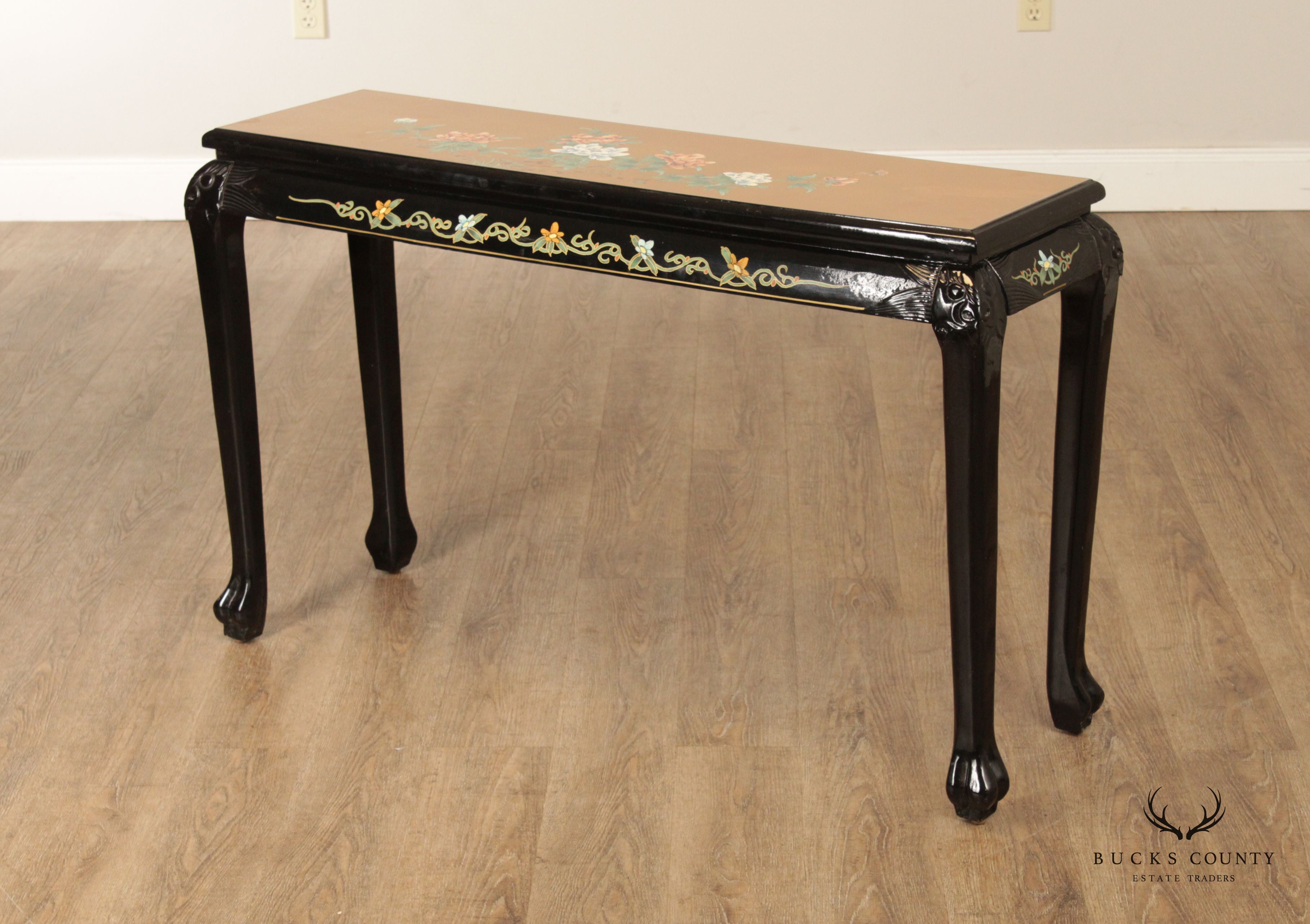 Asian Chinoiserie Lacquered Gold Leaf Console Table