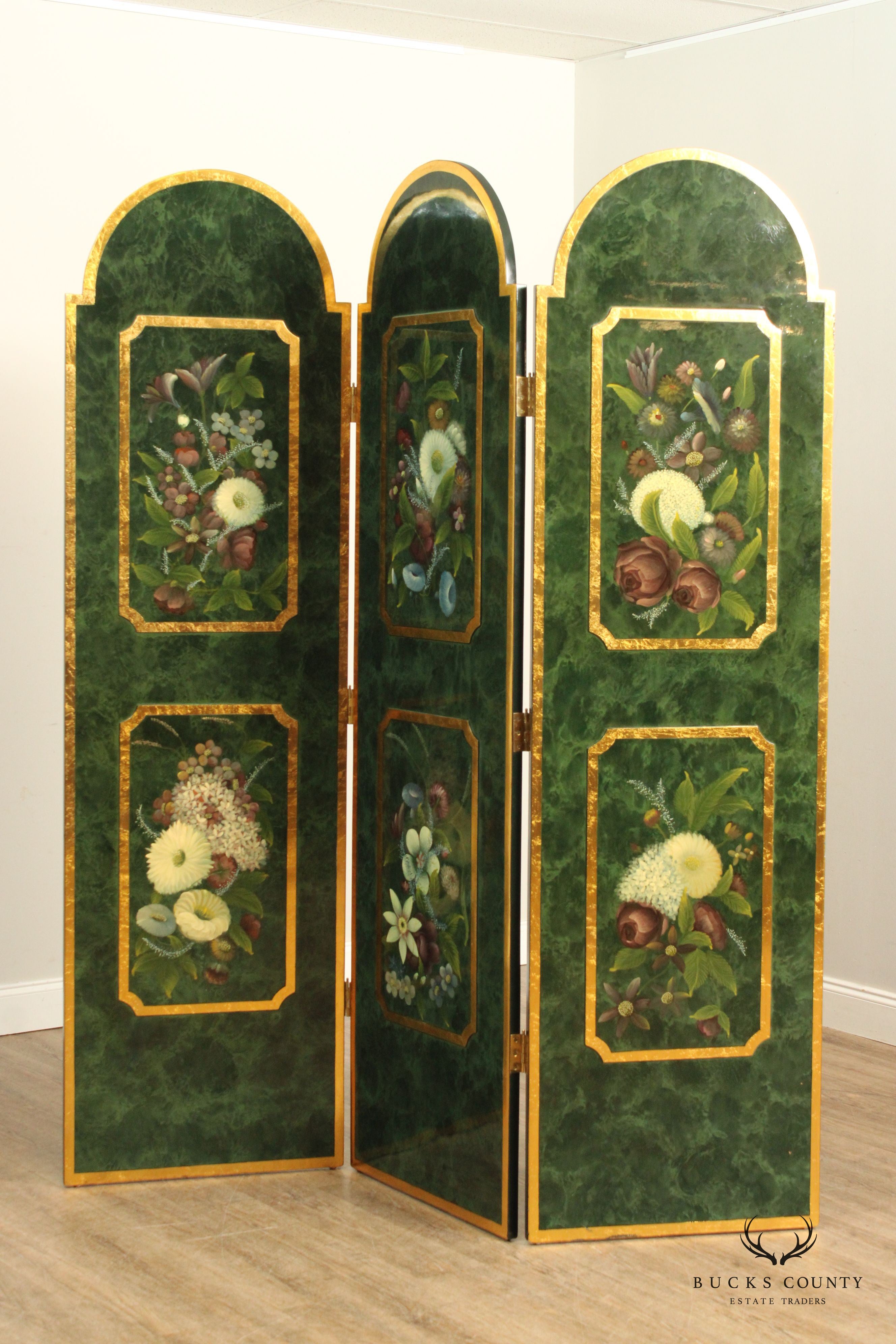 Artmax Vintage Floral Decorated Three Panel Screen