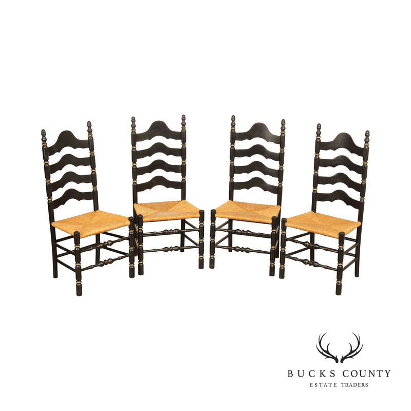French Country Style Set of Four Black Painted Rush Seat Ladderback Dining Chairs