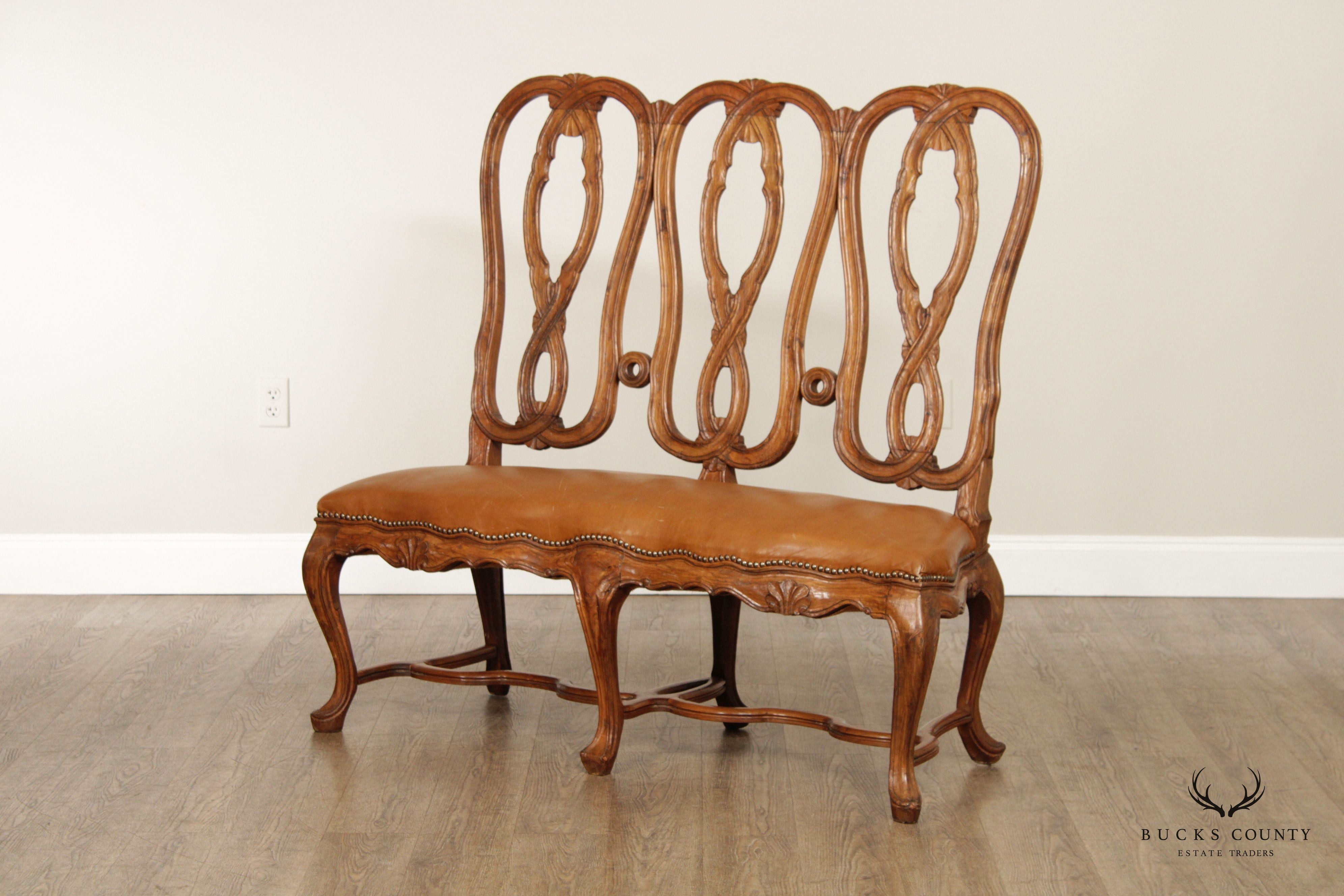 Italian Provincial Style Carved Walnut and Leather Hall Bench Settee