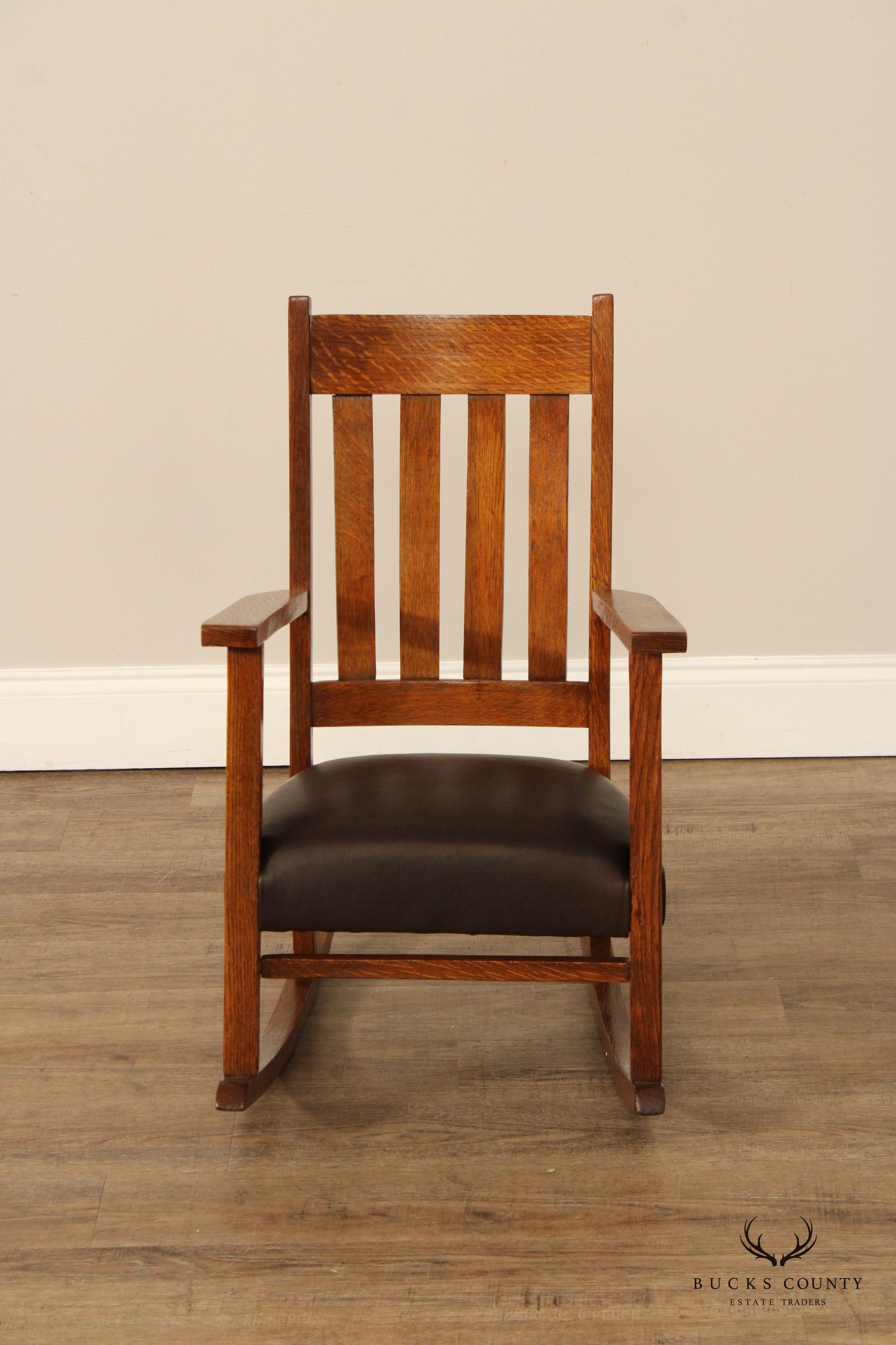 Antique Mission Oak And Leather Childs Rocker