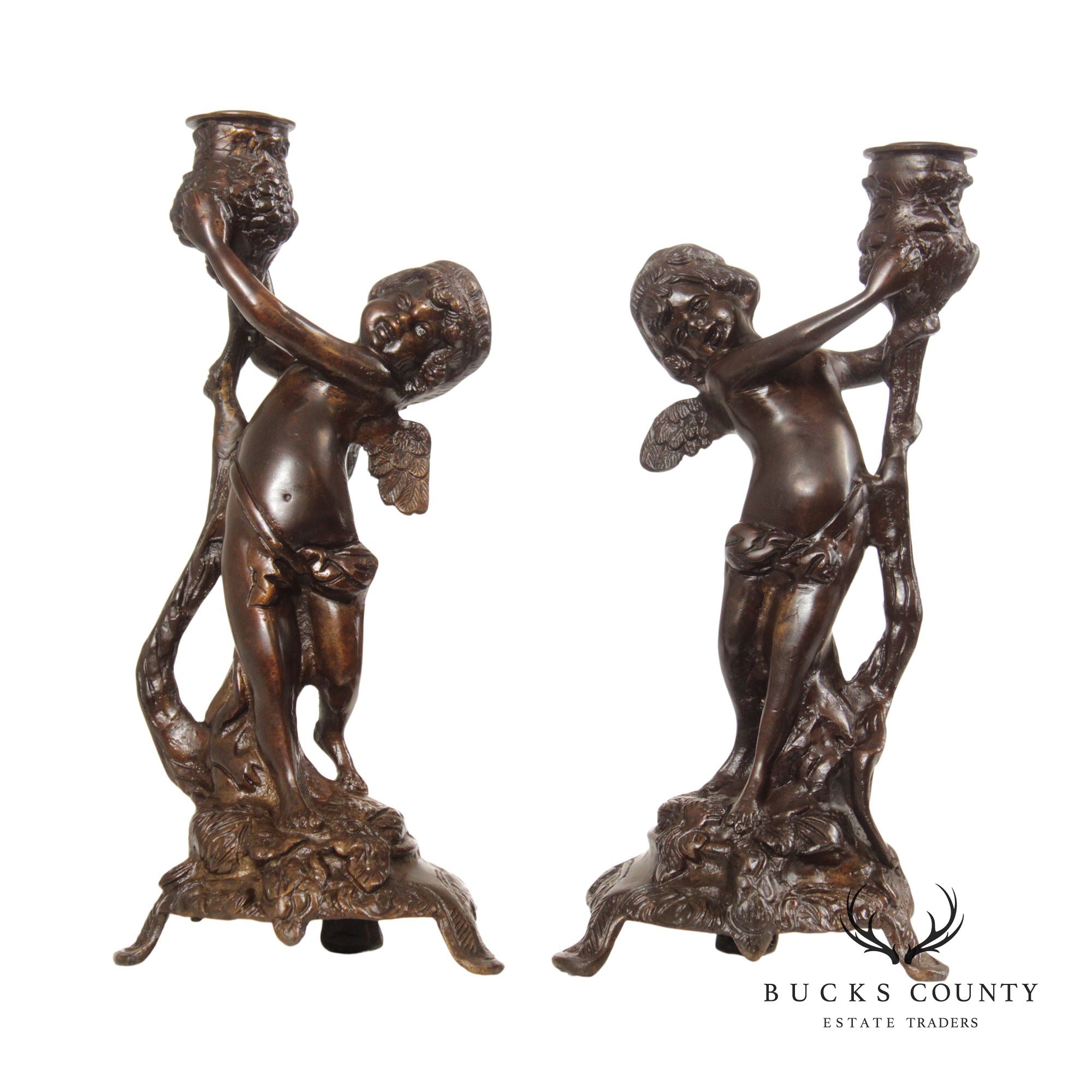 Italian Traditional Pair of Bronze Putti Candlesticks