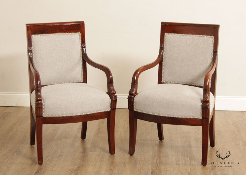 Antique French Empire  Style Pair of Dolphin Carved Mahogany Fauteuils Armchairs