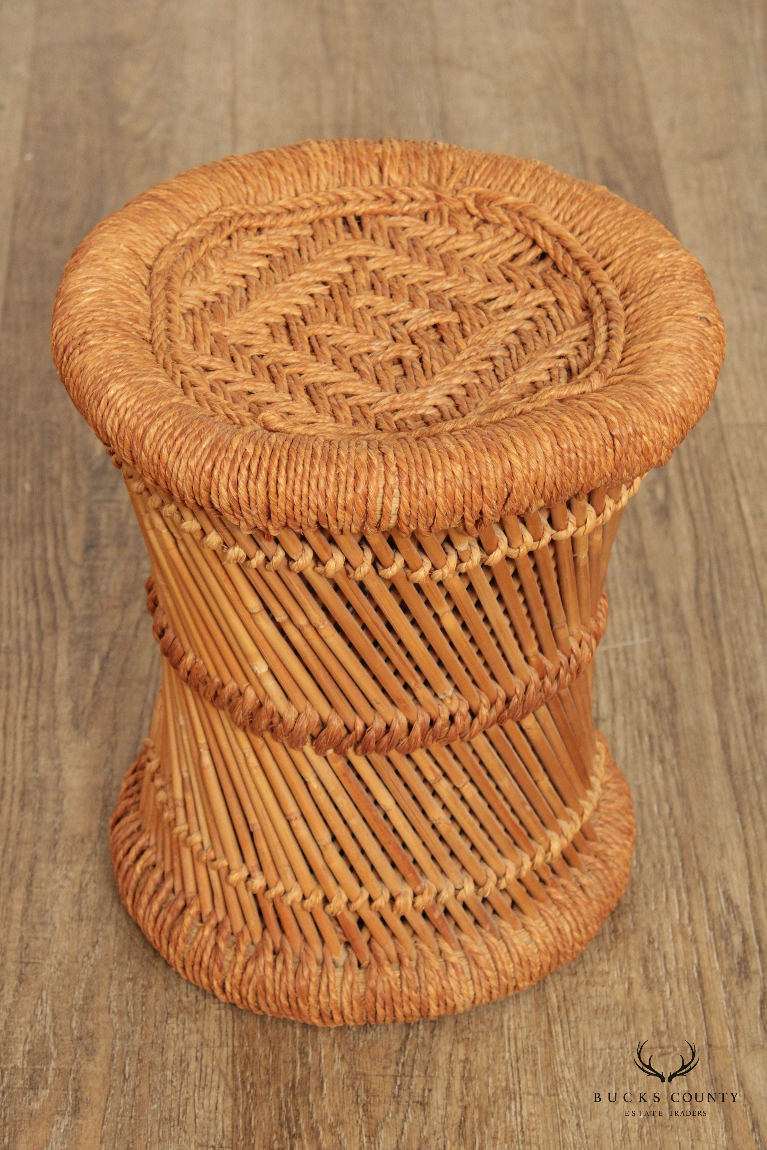 Woven Rattan Pedestal Coffee Table and Two Stands