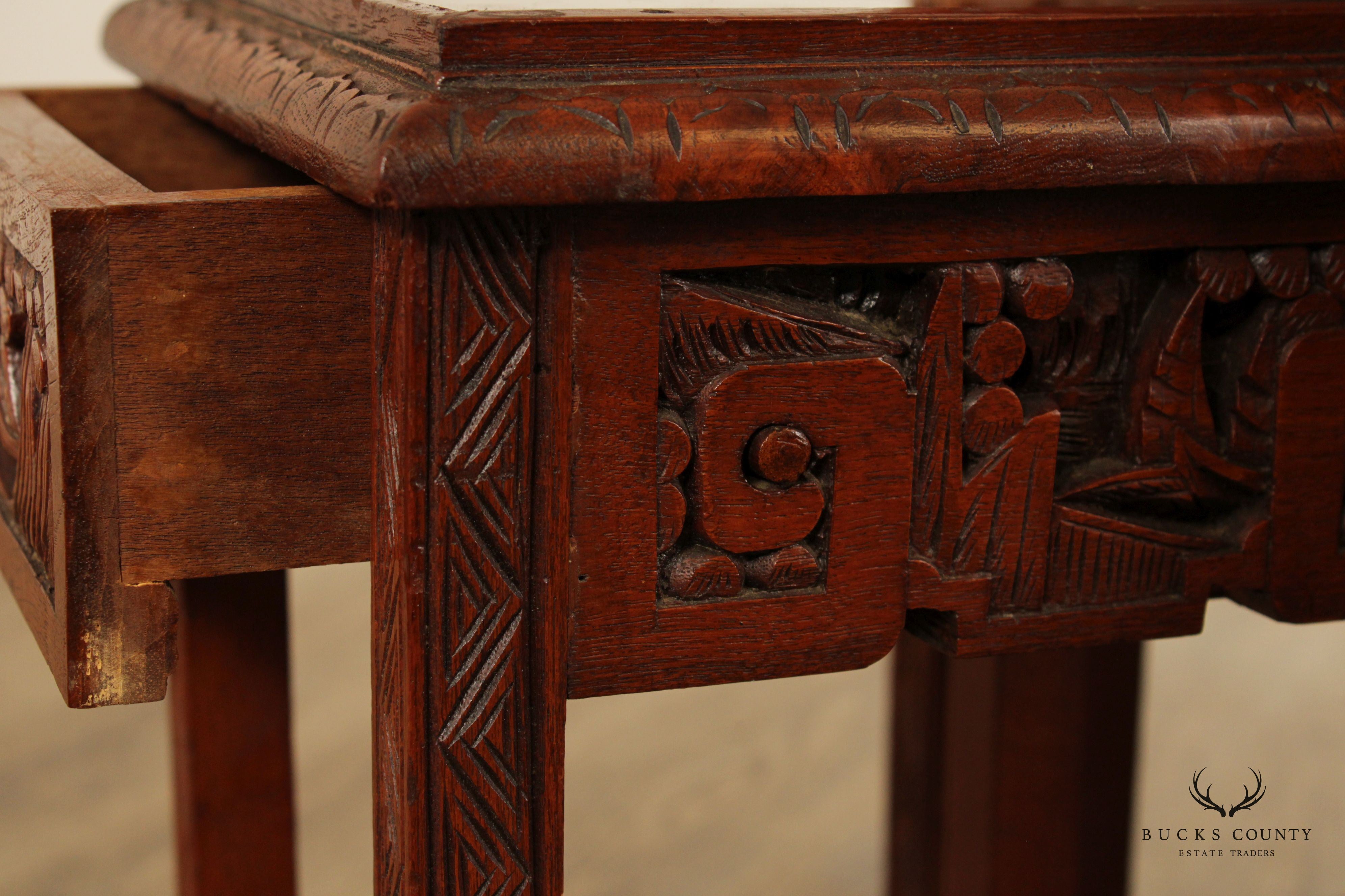 Chinoiserie Carved Set of Four Hardwood Glass Top Nesting Tables