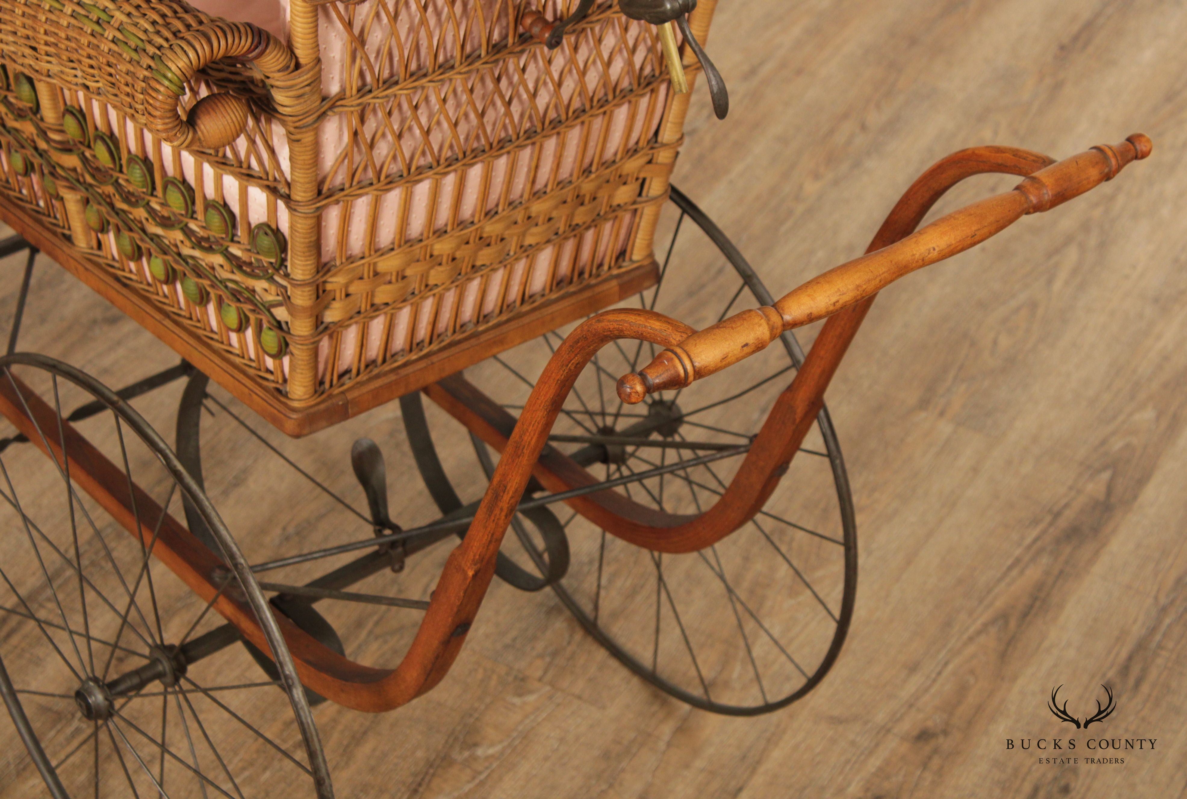 Antique Victorian Wicker Carriage Stroller with Umbrella