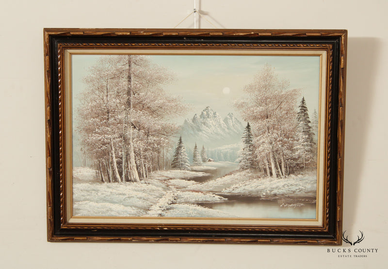Vintage 20th C. Rocky Mountain Winter Landscape Oil Painting, Signed
