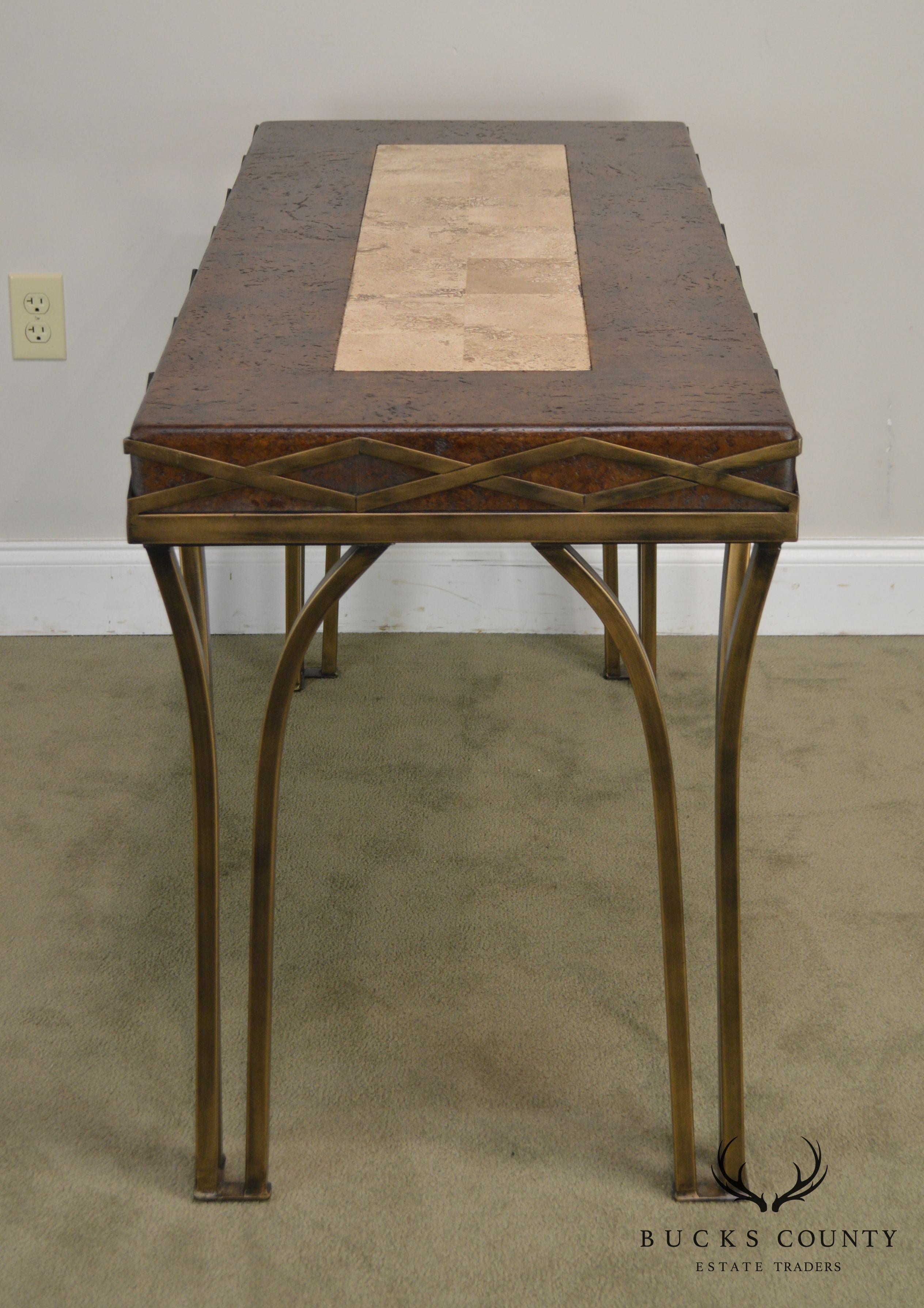 Iron Console Table with Cork and Tessellated Travertine Top