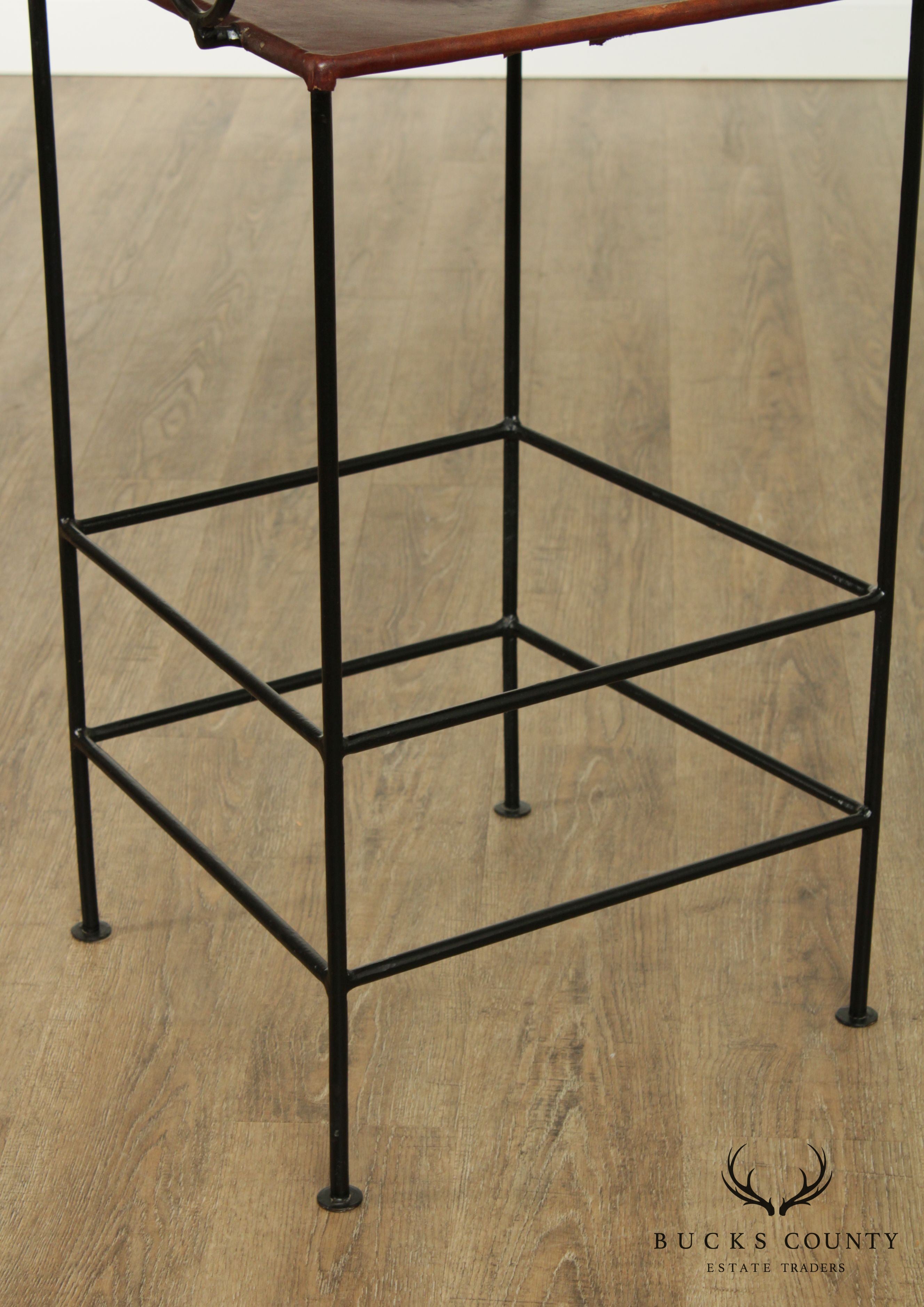 William Sheppee Scollwork Iron and Leather Barstool