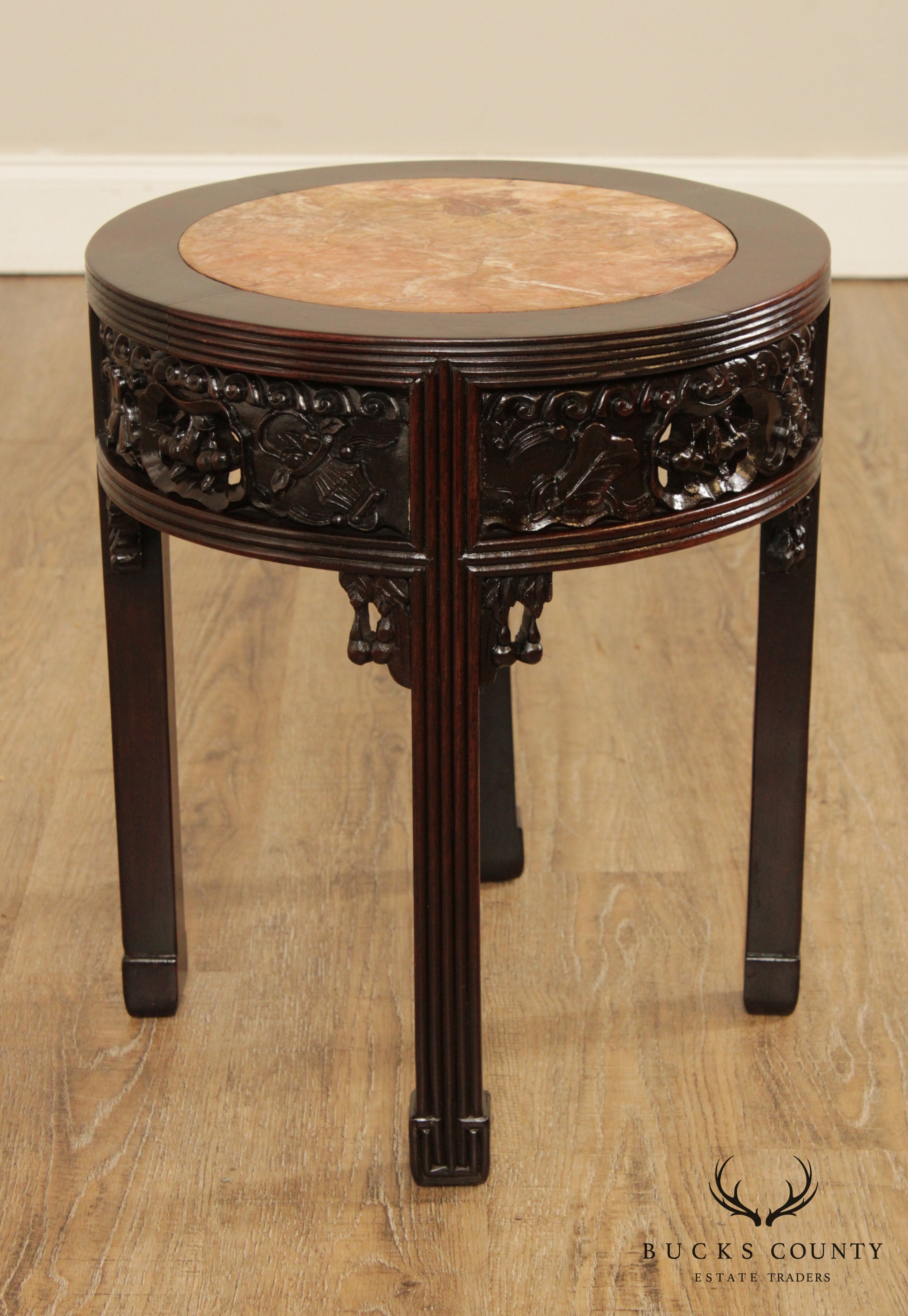 Vintage Carved Asian Round Marble Top Side Table