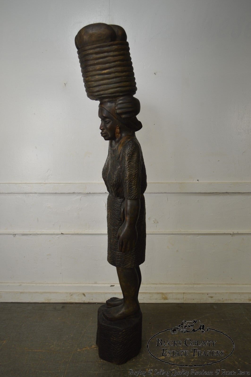 Haitian Vintage Hand Carved Wooden Folk Art Statue Woman Holding Basket on Head