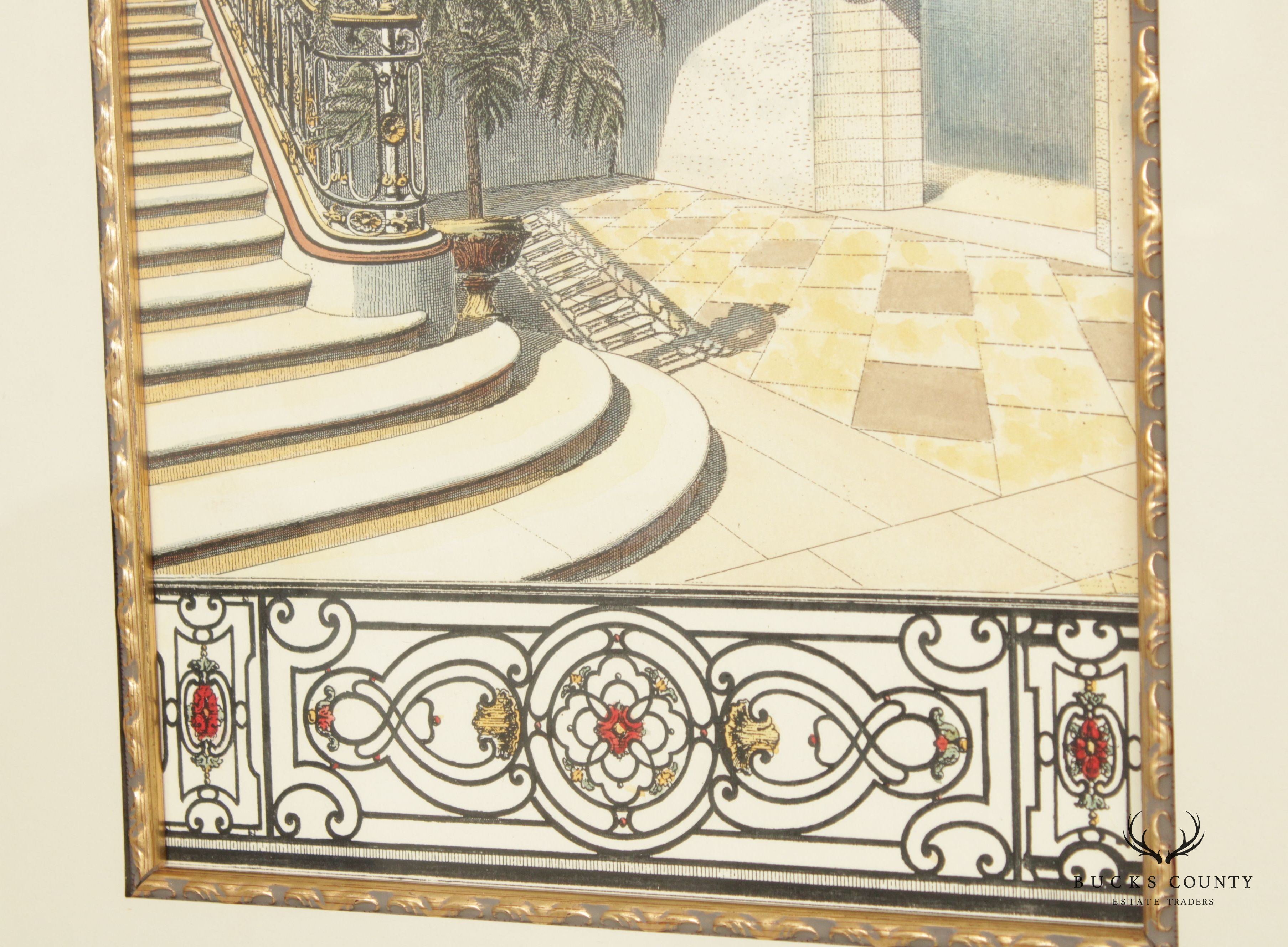 Art Nouveau Style Pair Architectural Staircase Prints, Custom Framed