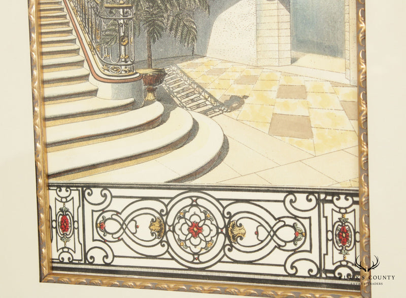 Art Nouveau Style Pair Architectural Staircase Prints, Custom Framed