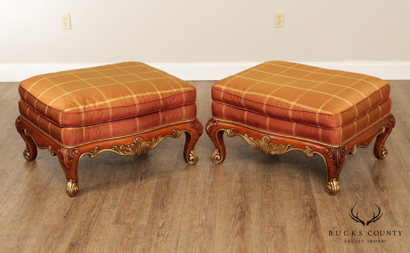 Henredon French Louis XV Style Carved Pair Partial Gilt Ottomans