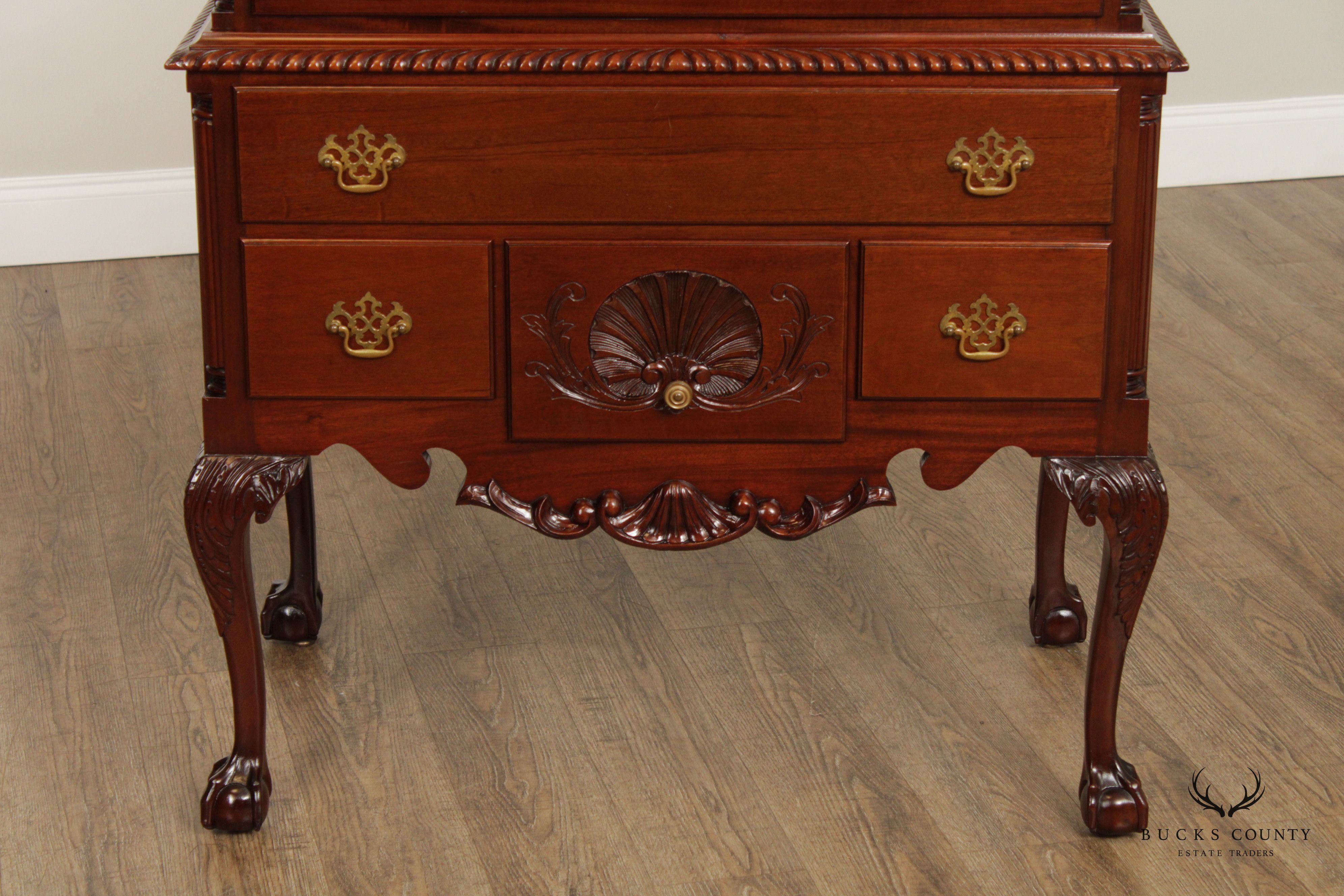 1940's Hand Crafted Chippendale Style Carved Mahogany High Boy Tall Chest