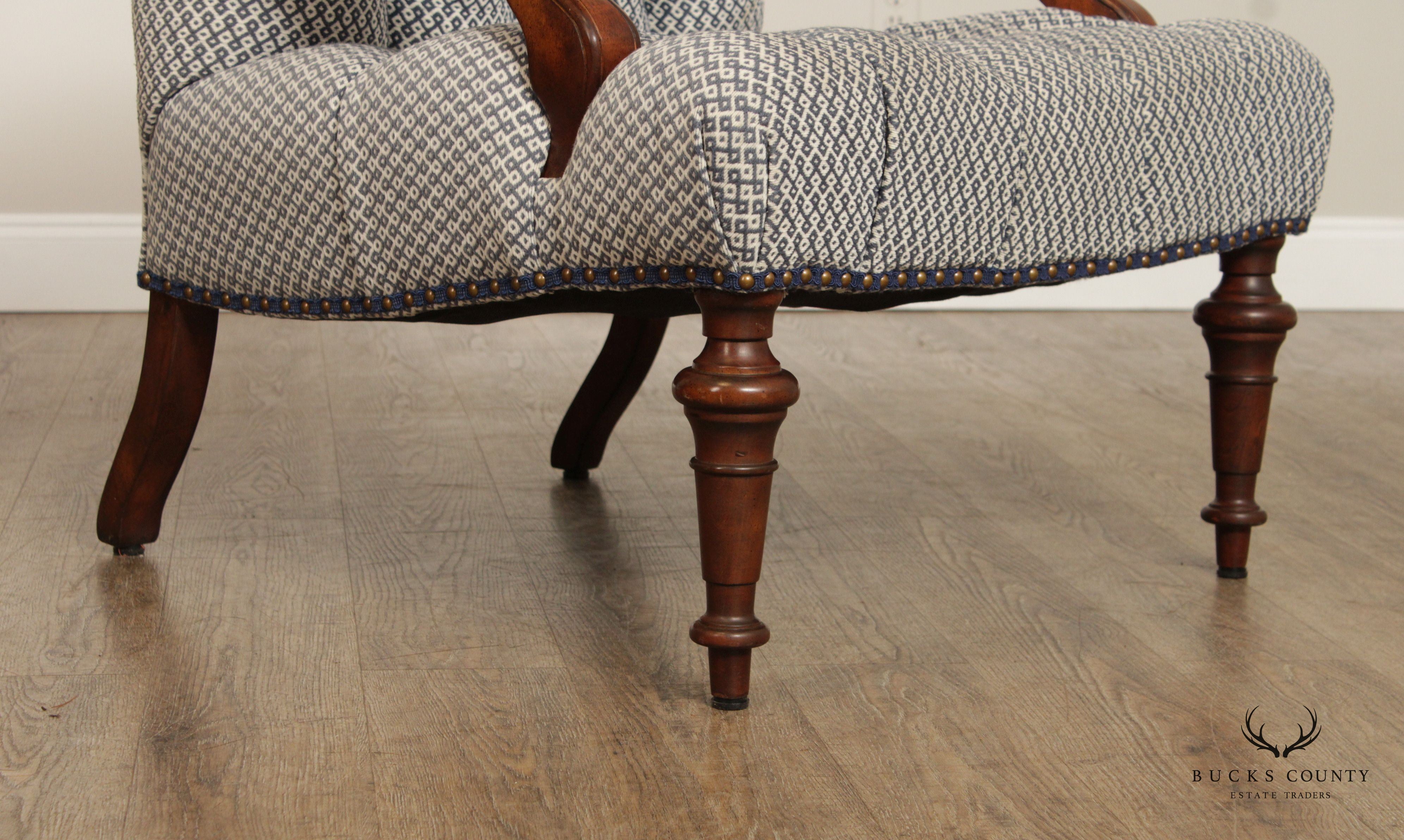 English Traditional Style Pair Of Mahogany Tufted Lounge Chairs