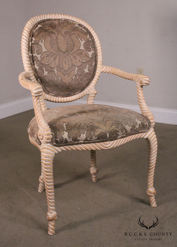 Louis XVI Style Custom Faux Bois Carved Rope Twist Whitewashed Armchair