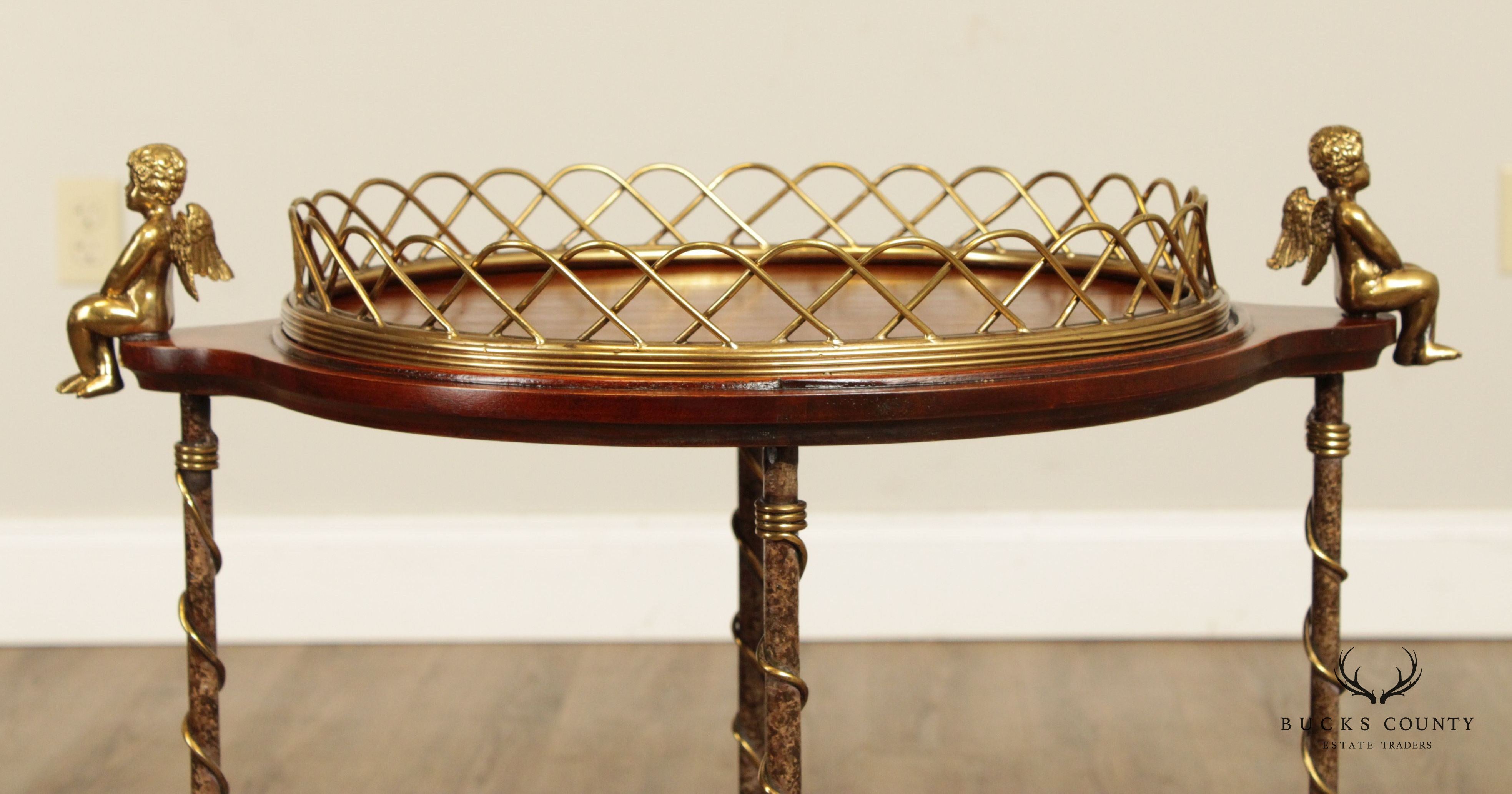 LaBarge Regency Style Mahogany and Brass Cherub Oval Plant Stand