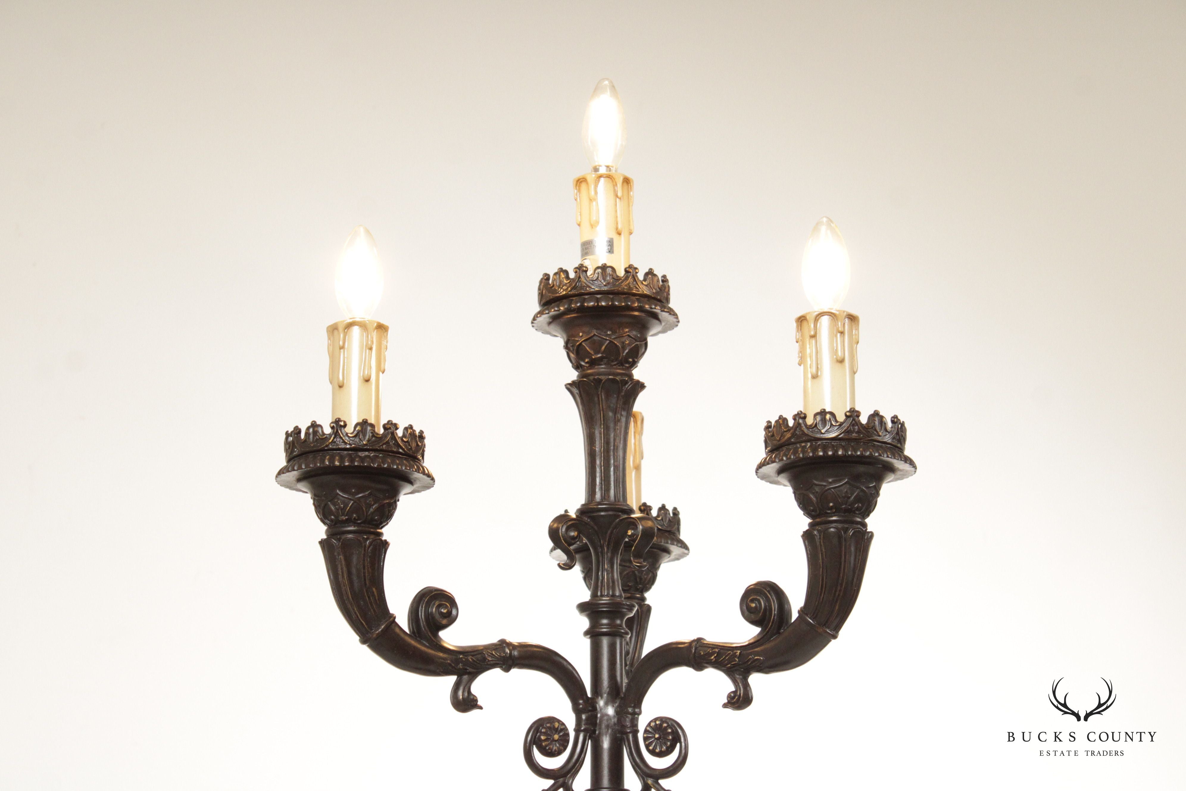 Gothic Revival Style Pair of Bronze Five-Light Candelabra